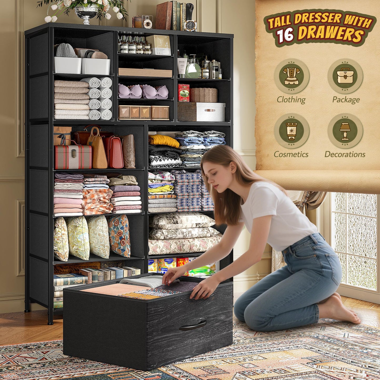 Romorgniz 57“H Tall Dresser for Bedroom with 16 Drawers,Fabric Dressers & chests of Drawers for Closet,Large Black Dresser with Sturdy Metal Frame, Wood Top,Entryway, Hallway