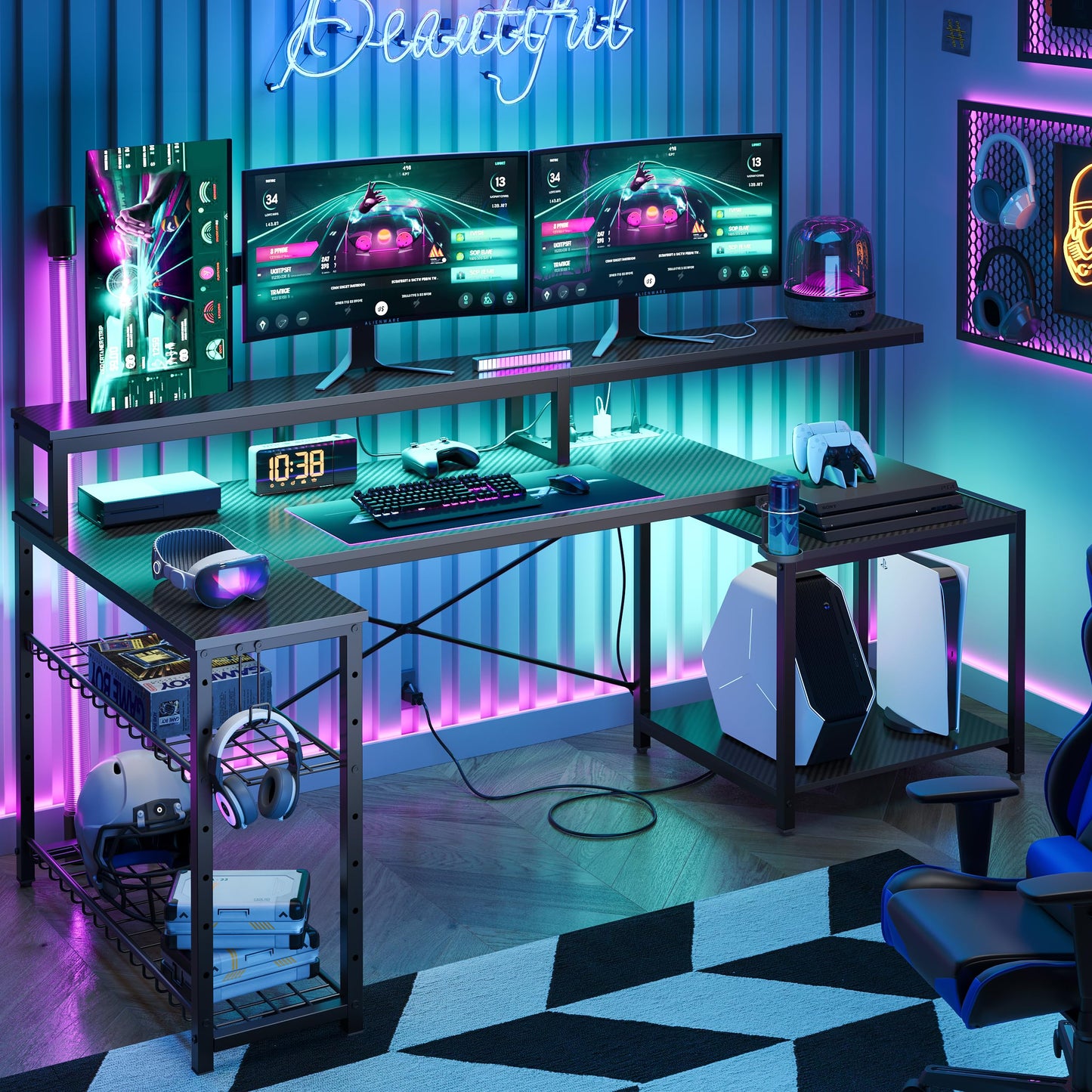 Bestier LED Gaming Desk with Power Outlets, 71 inch L Shaped Computer Desk with Monitor Stand, Large Desk with Printer Stand Adjustable Shelf, Cup Holder & Hooks, Home Office Desk Black