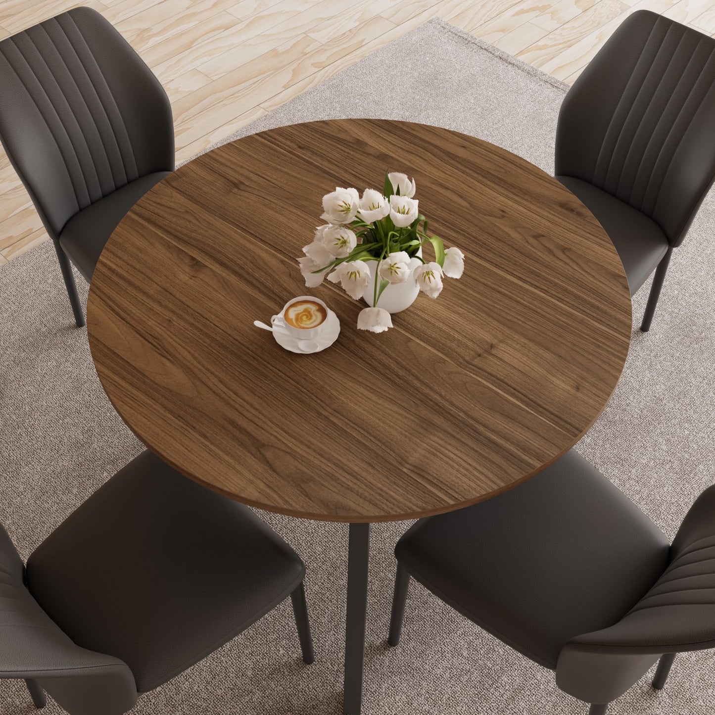 Zerifevni 34.6'' Round Dining Table and Chairs for 4 Space Saving for Apartment Kitchen Dining Room (Walnut Table+4 Black Chairs)