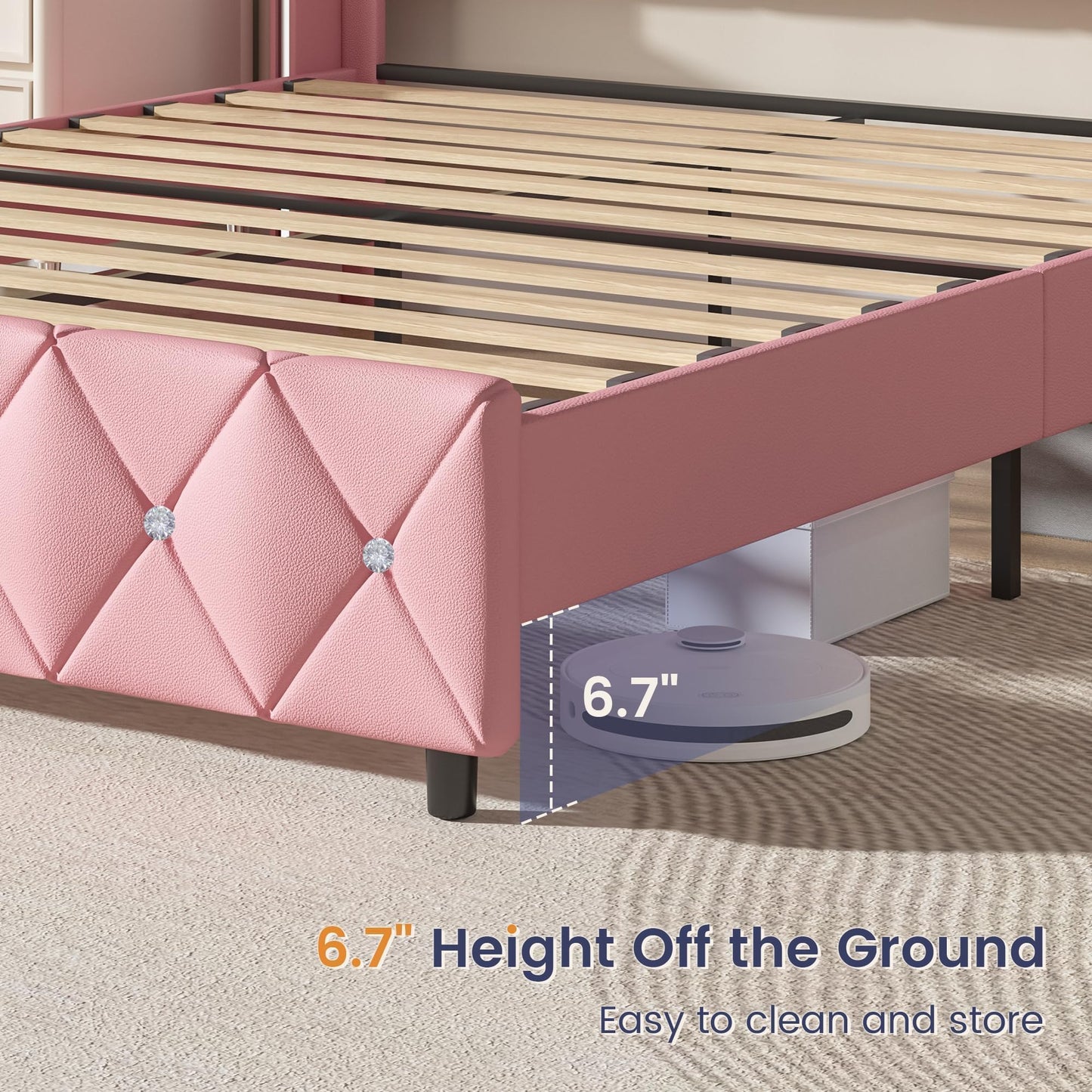 Bed Frame Queen Size with Headboard, Velvet Upholstered Bed with Diamond Tufted Design, Modern Queen Bed Frame, No Box Spring Required, Easy Assembly, Pink