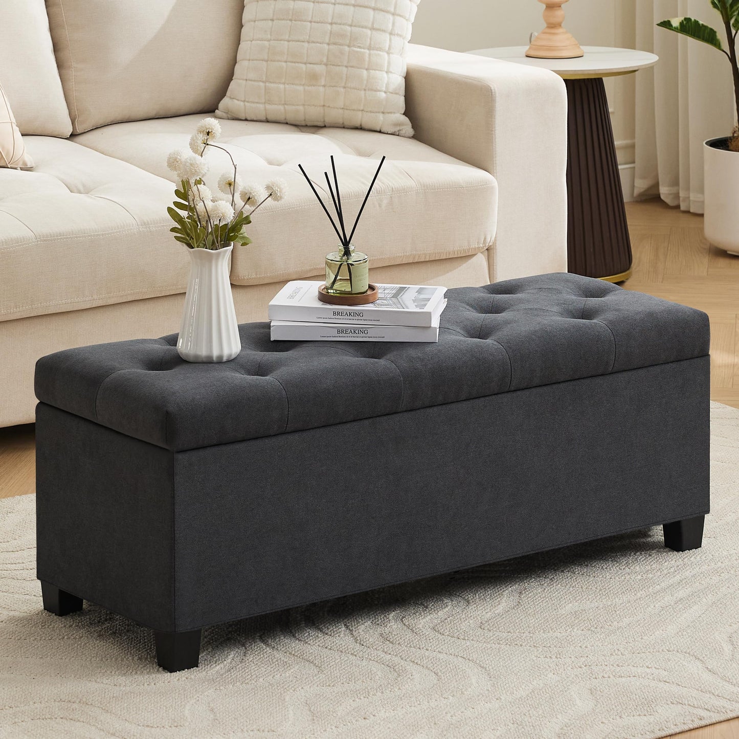 Mangodan 43’’ Storage Ottoman Bench, Linen Entryway Benches Load up to 660 Lb, Modern End of Bed Benches for Bedroom, Ottoman with Storage Bench for Living Room, Dark Gray