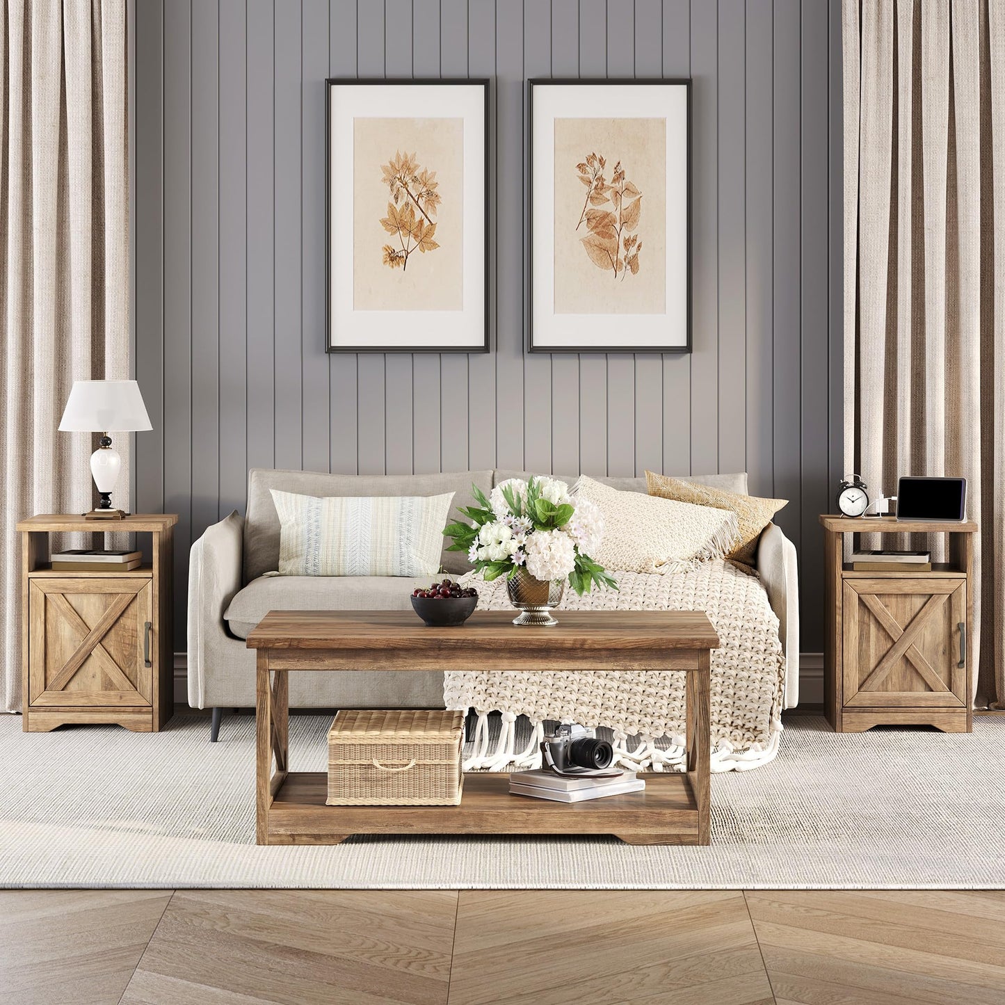 LUXOAK 3-Piece Farmhouse Living Room Table Sets, Includes 1 x Coffee Table, 2 x End Tables with Charging Station & USB Ports, Rustic Coffee Table Set of 3, Barnwood