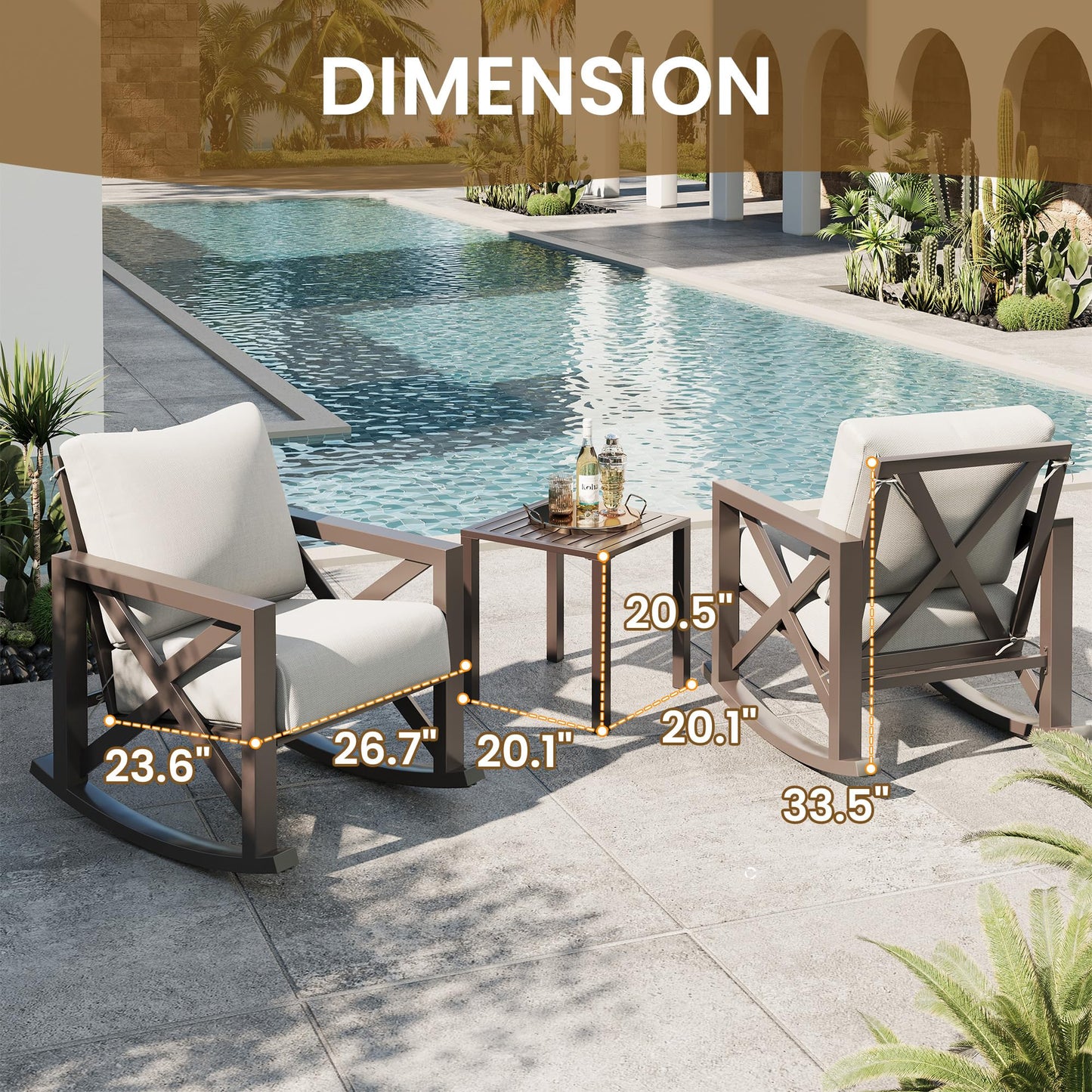 UDPATIO Rocking Chair Outdoor Set 2 with Coffee Table, 3 Piece Metal Rocking Bistro Set with 6.5" Water-Resistant Cushions, Oversized, 350lbs Heavy-Duty, for Porch, Patio, Balcony, Beige