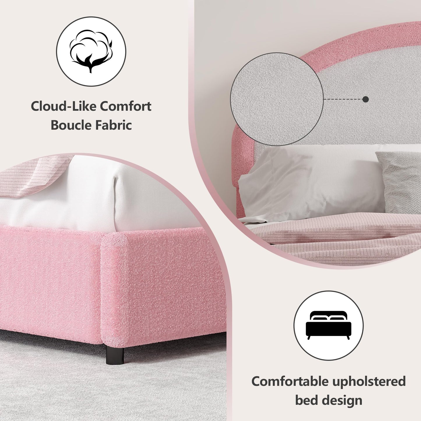 REVOMINCA Twin Boucle Bed Frame, Boucle Upholstered Platform Bed Twin Size with Headboard, Pink Bed Frame for Girls Kids, Low Profile Bed, Rounded Corners, No Box Spring Needed, Pink and White