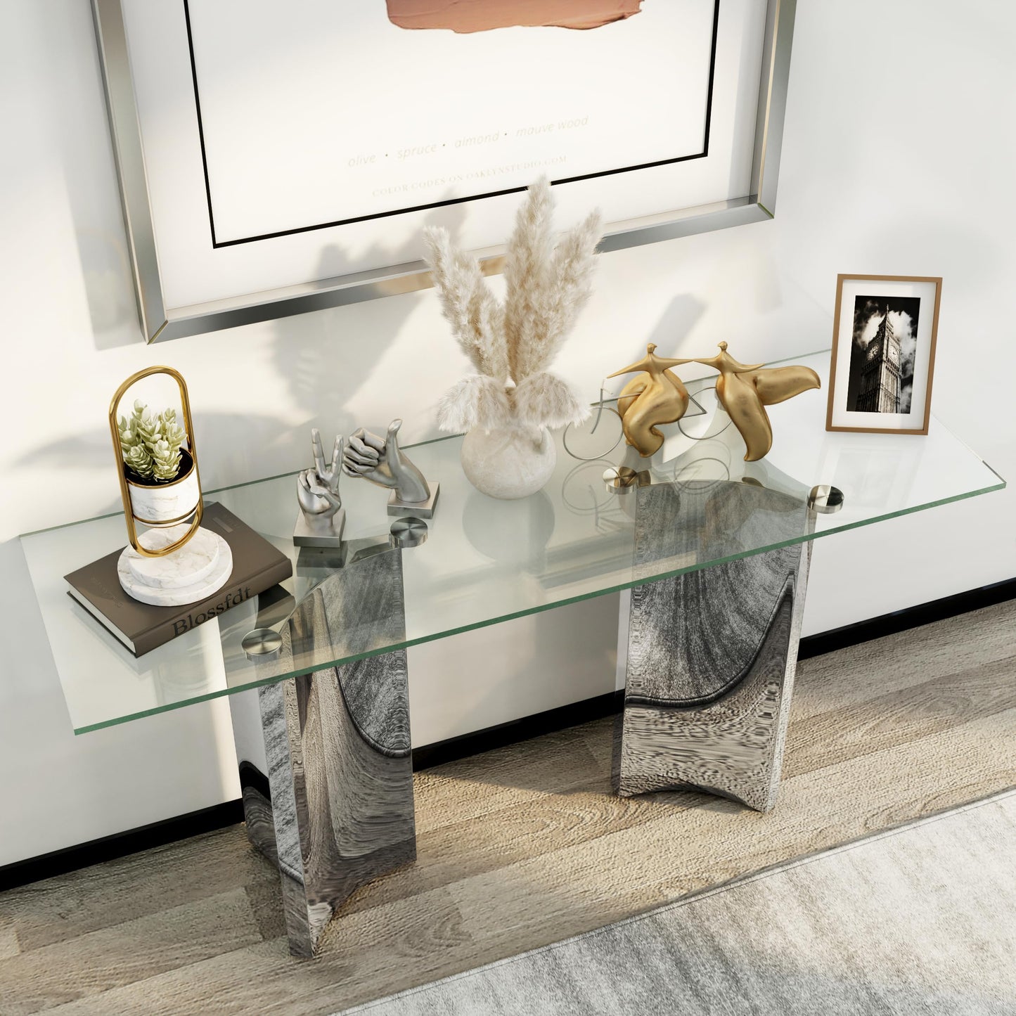 Asday Silver and Glass Console Table, 60 Inch Sofa Table, Silver Rectangle Entryway Table with Polished Mirror Base for Living Room, Hallway