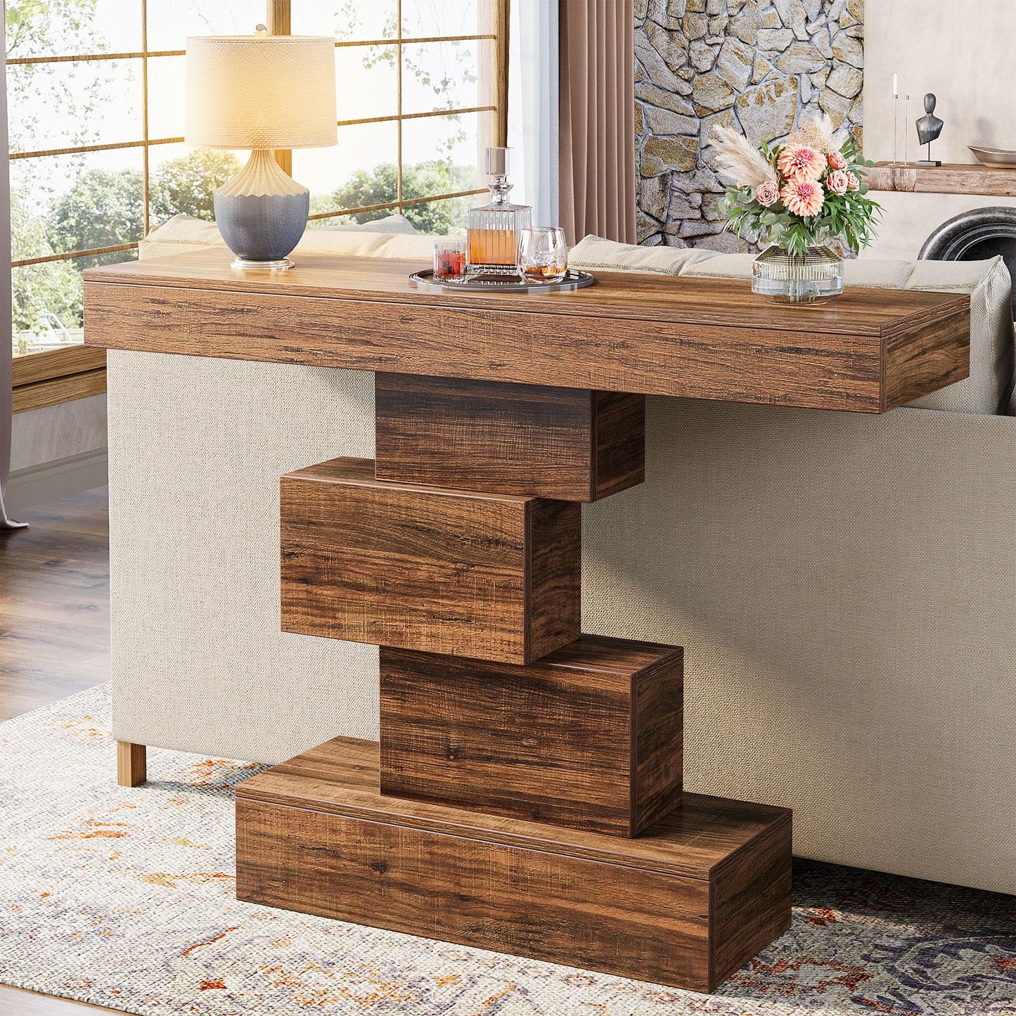 Tribesigns 42.5" Farmhouse Console Table, Narrow Wood Sofa Table Behind Couch with Geometric Base, Industrial Entryway Accent Table for Living Room, Hallway, Entrance (Rustic Brown)
