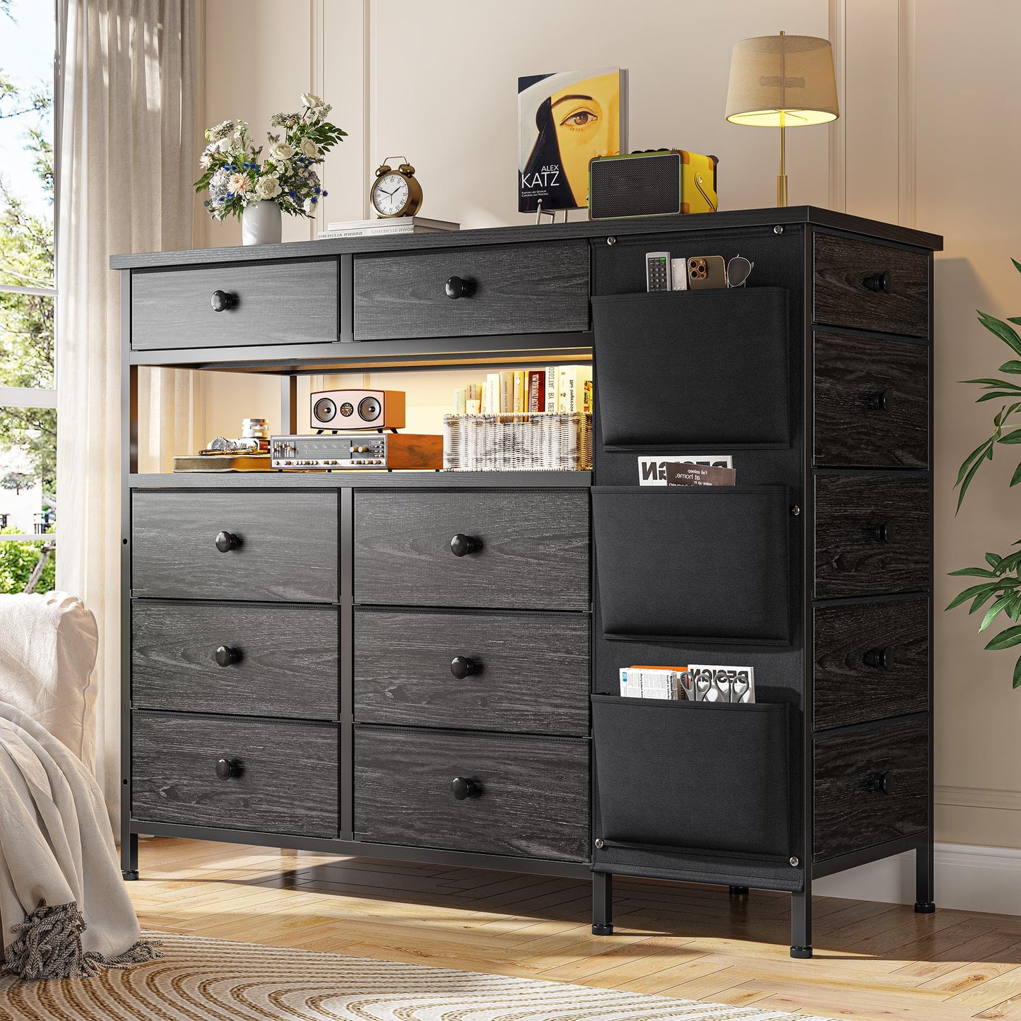 EnHomee Dresser for Bedroom with 13 Fabric Drawers and LED Lights, Closet Island with Side Pocket, Dressers & Chests of Drawers for Bedroom Closet Organizer, Black