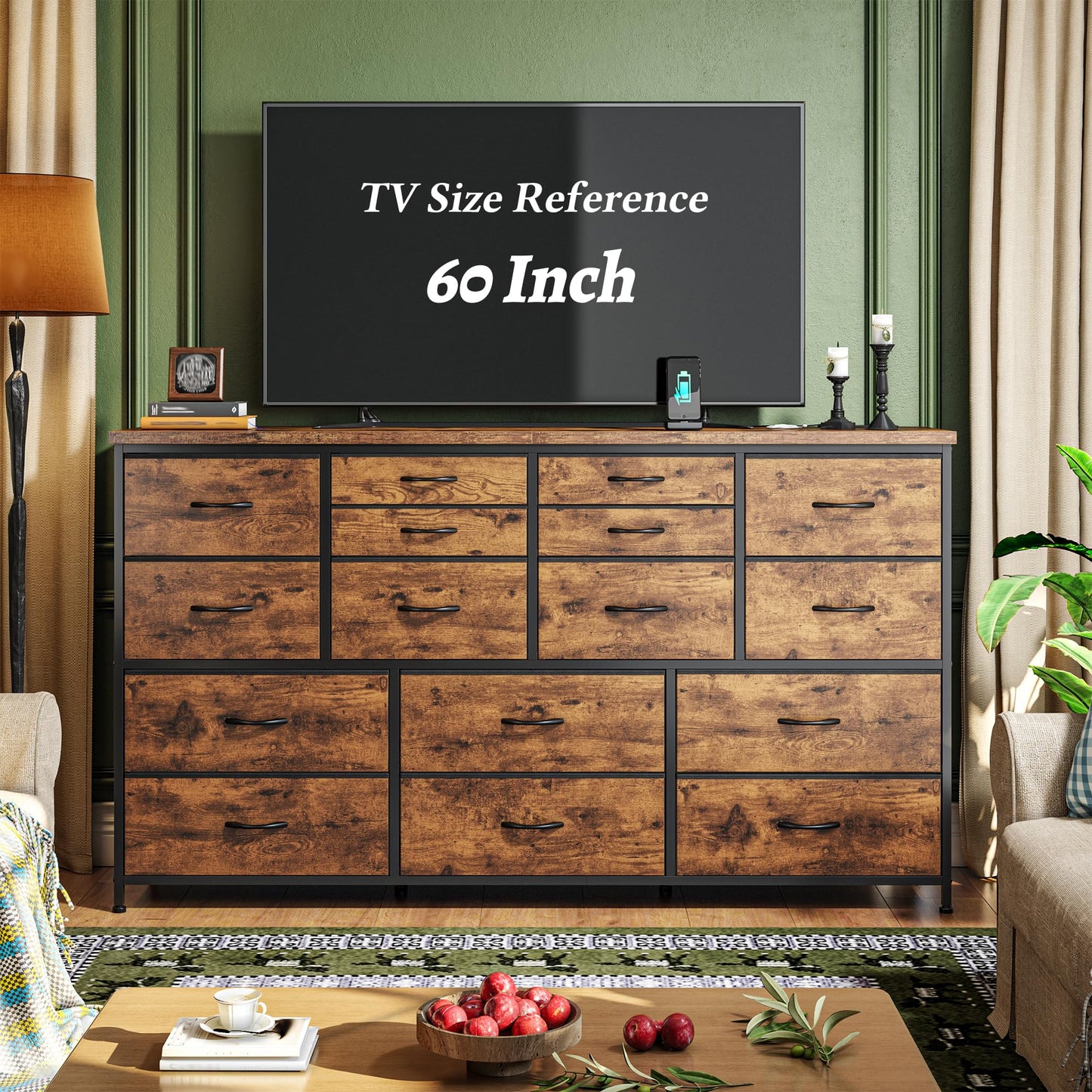 Romorgniz Dresser for Bedroom with 16 Fabric Drawers Long Dresser with Charging Station TV Stand for 60" TV Dressers & Chest of Drawers for Bedroom, Living Room, Closet, Rustic Brown