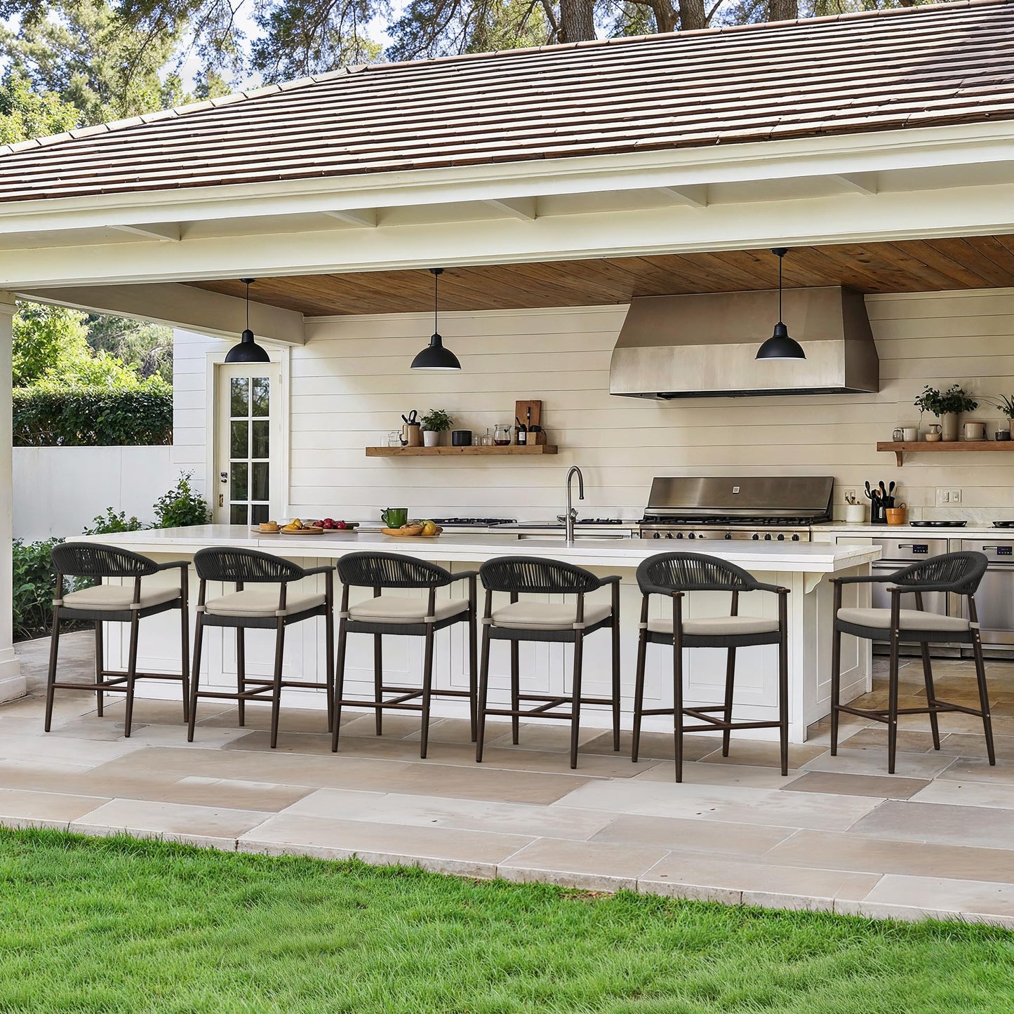 Cozyman Bar Stools Set of 4, 24.8'' Aluminum Outdoor Bar Stool with Removable Cushion, Boho Rattan BarStools, Olefin Rope Woven Bar Chairs with Footrest for Patio, Garden, Pool, Kitchen, Black