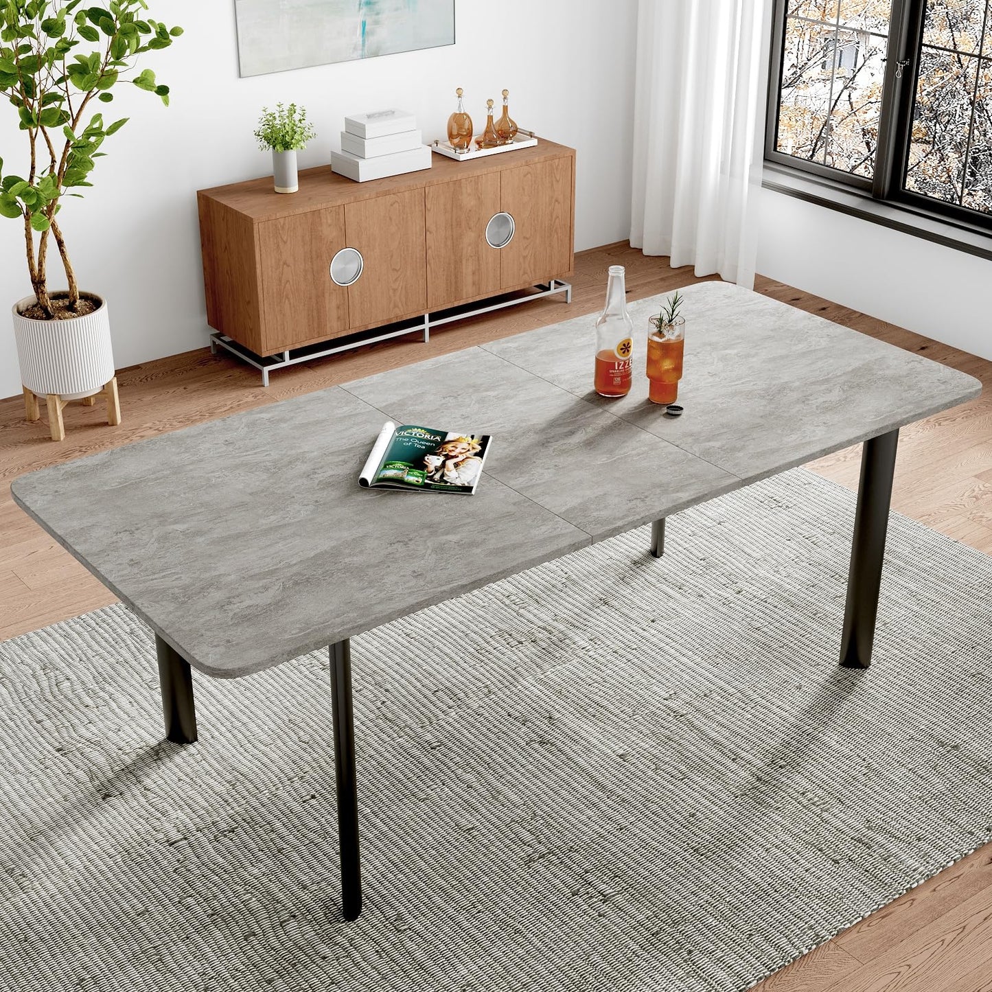 HIPIHOM 63"- 78.7" Extendable Dining Table, Thickened Expandable MDF Wooden Kitchen Table with Metal Legs, Scratch-Resistant, Easy to Clean
