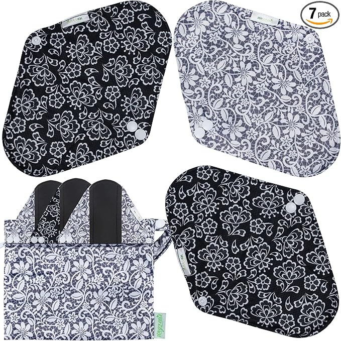 wegreeco Charcoal Reusable Menstrual Pads - Reusable Sanitary Pads | Reusable Panty Liners | Soft Cloth Menstrual Pads - 6 Pack with 1 Cloth Wet Bag (Black, Grey Lace, Small)