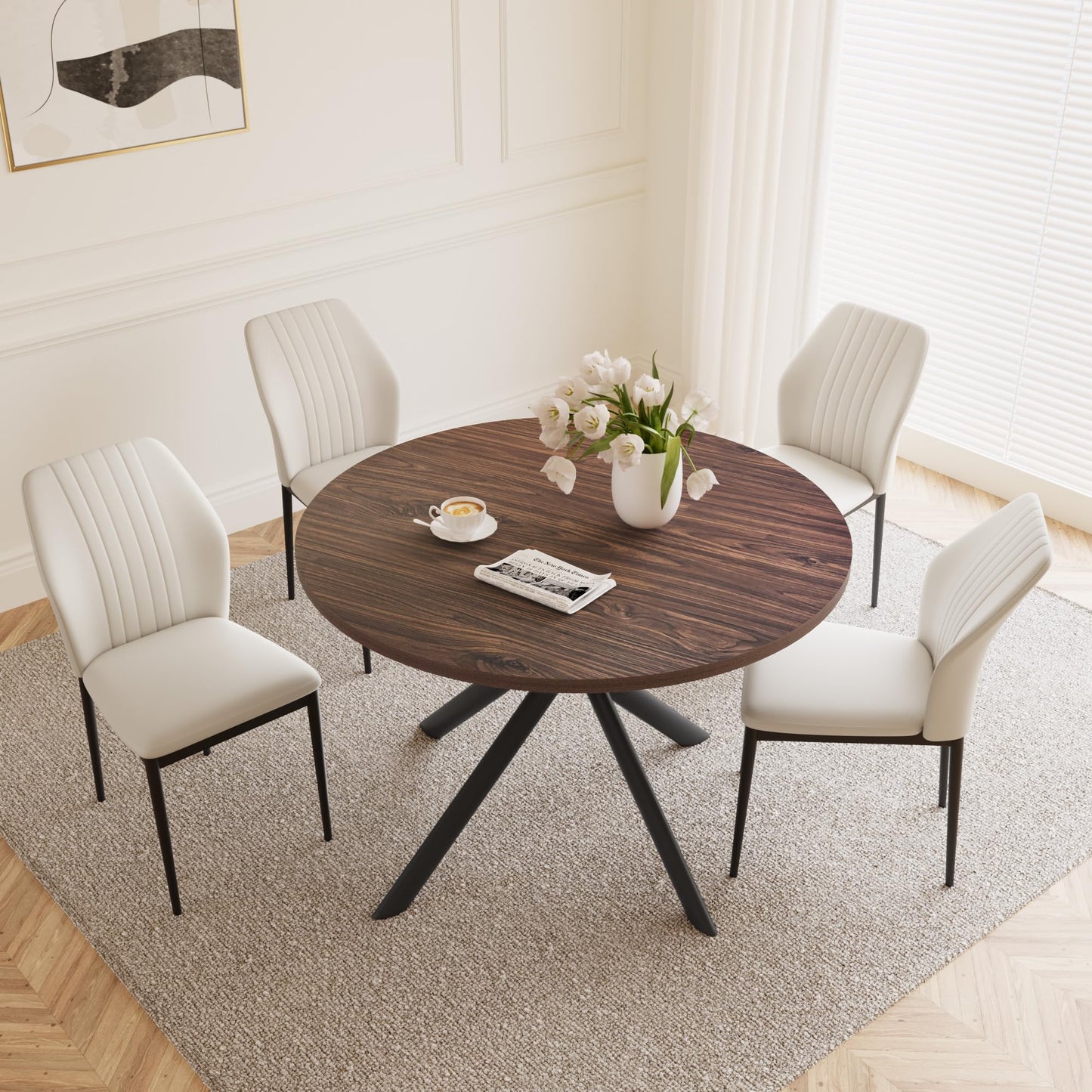 HIPIHOM 45.3'' Walnut Round Dining Table Set for 4, Mid Century Modern Small Coffee Set for Dining Room Kitchen Apartment (Walnut Table + 4 White Chairs)