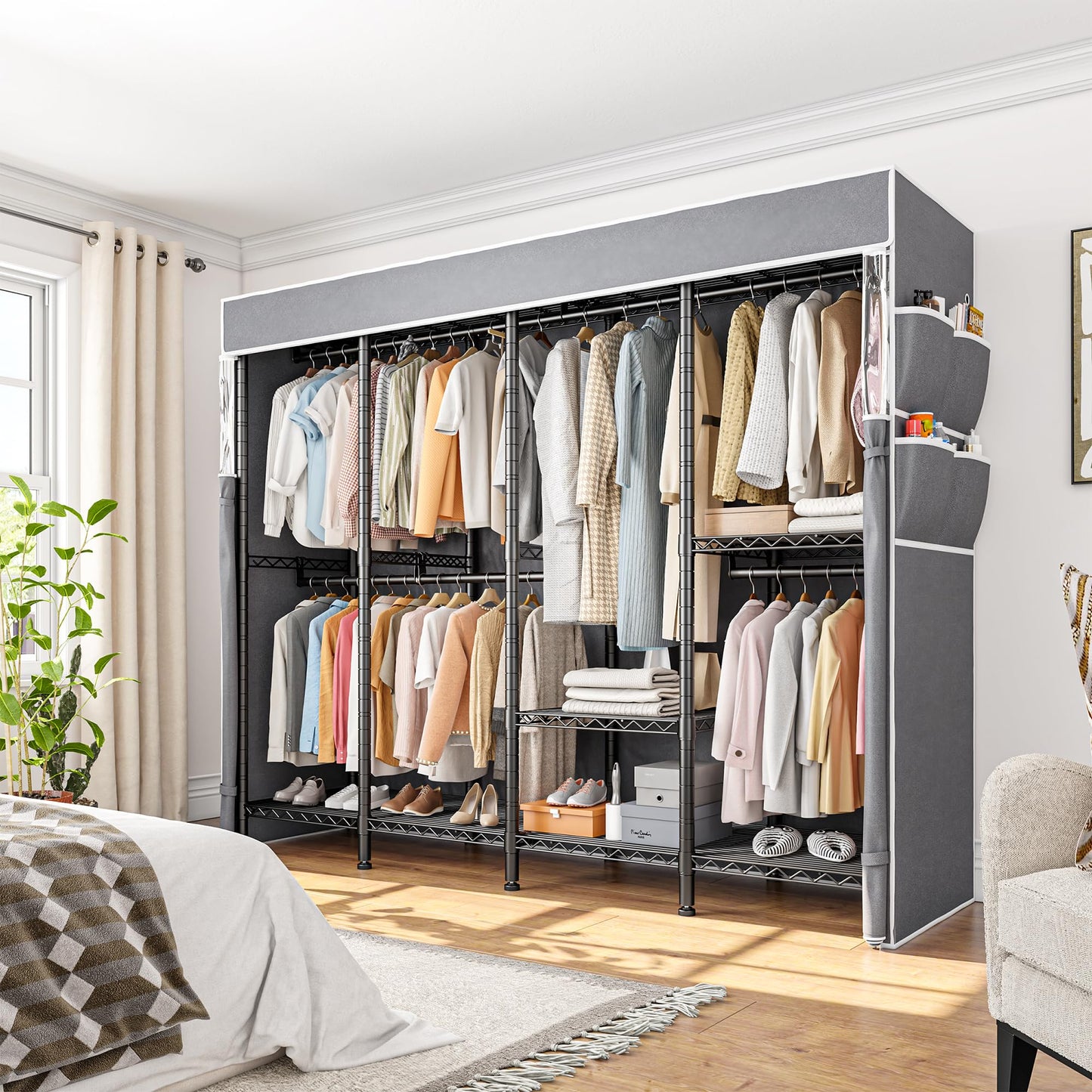 Raybee Clothes Rack with Cover, Metal Heavy Duty Clothing Rack for Hanging Clothes, Adjustable Wardrobe Closet Loads 1100 LBS,17.7" D x 75.8" W x 76.9" H,Black