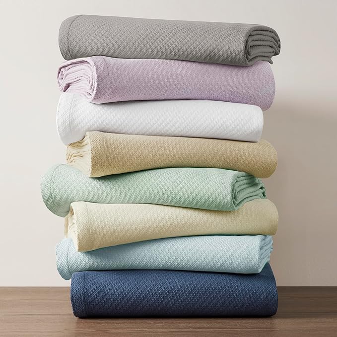 Madison Park Liquid Cotton Blanket Breathable, Softer Ring Spun Weave, Diamond Motif, Luxurious 100% Cotton All Seasons Lightweight Summer Blanket for Bed, Couch, Office, Navy, Full/Queen