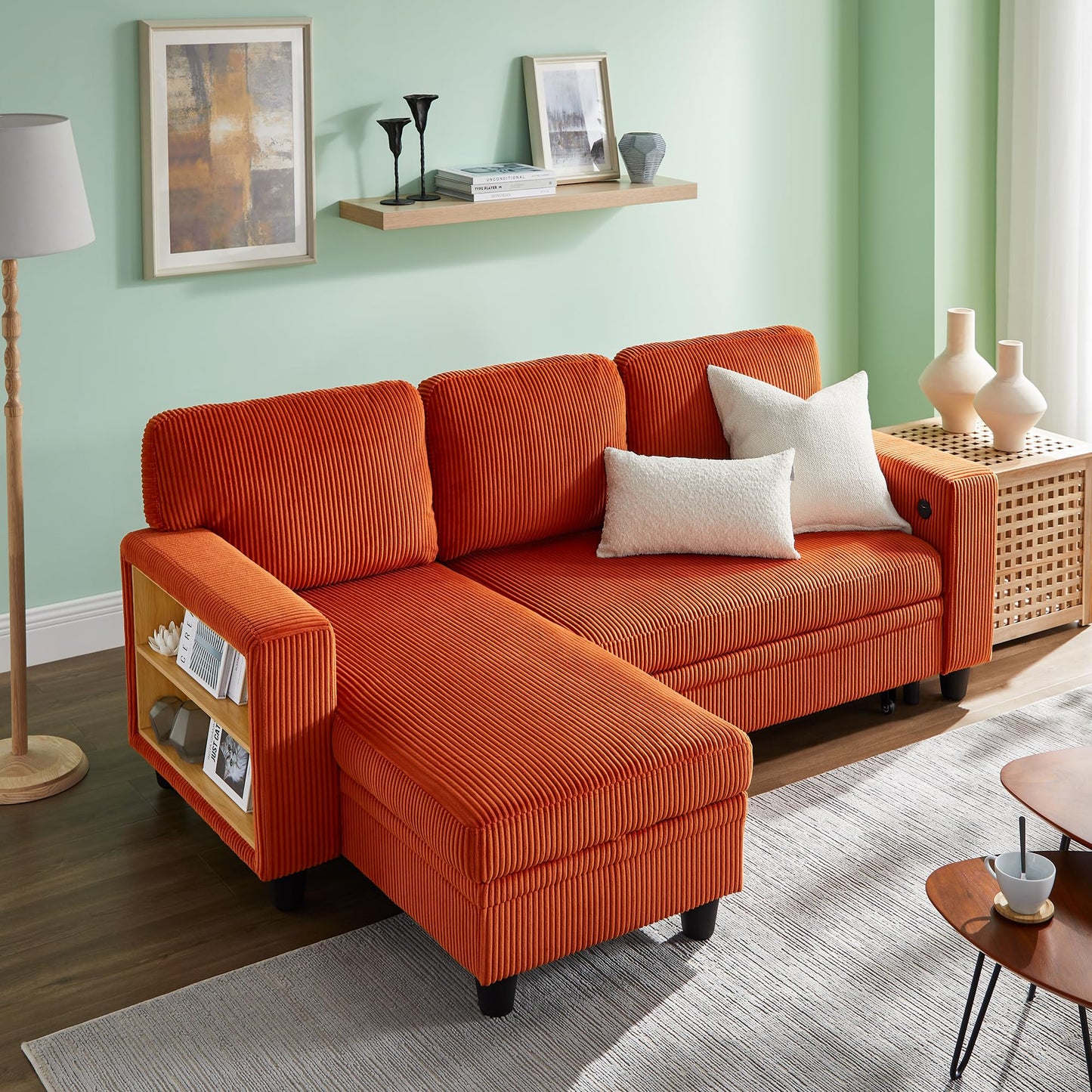 RedLemon 80'' Sleeper Sofa Bed,L-Shaped Sectional Corduroy Couch with Storage Chaise,2 Built-in Bookshelves and USB Charging Port - Comfy Sofa for Living Room, Apartment, Caramel