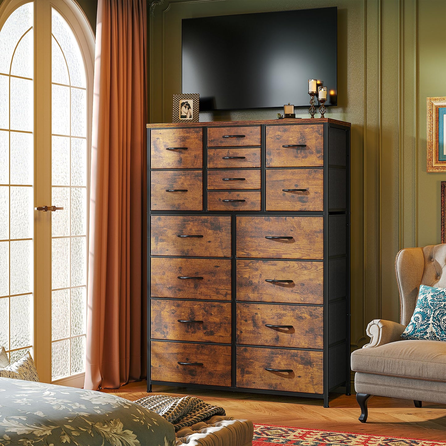 Romorgniz 57“H Tall Dresser for Bedroom with 16 Drawers,Fabric Dressers & chests of Drawers for Bedroom,Large Dresser for Closet,Sturdy Metal Frame & Wood Top,Entryway, Hallway(Rustic Brown)