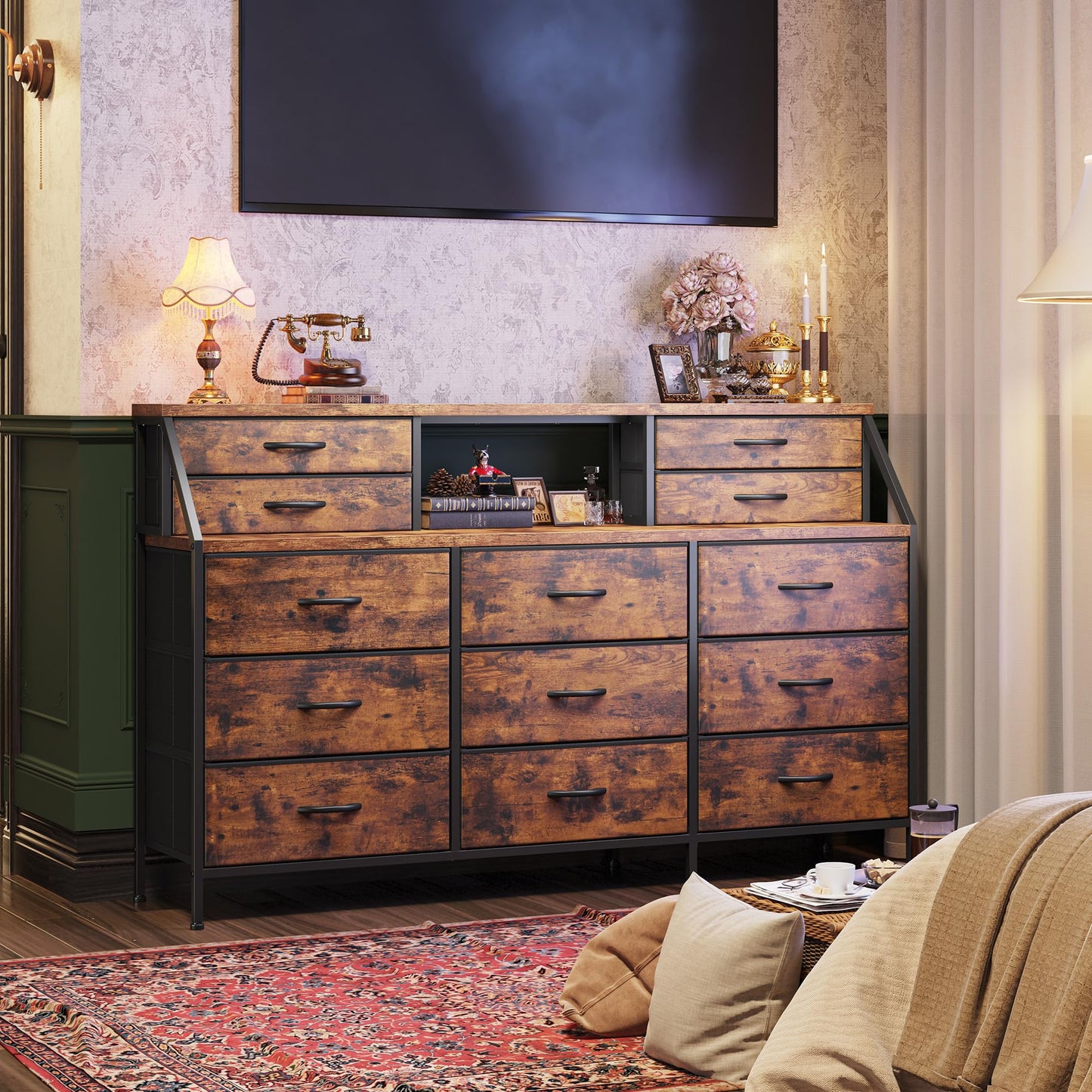 Romorgniz 55" W Dresser for Bedroom, Dressers & Chests of Drawers with 13 Fabric Drawers and 2 Open Shelves, Long Vanity Dressers for Bedroom & Closet, Rustic Brown, 55.1" W x 35.4" H x 11.4" D