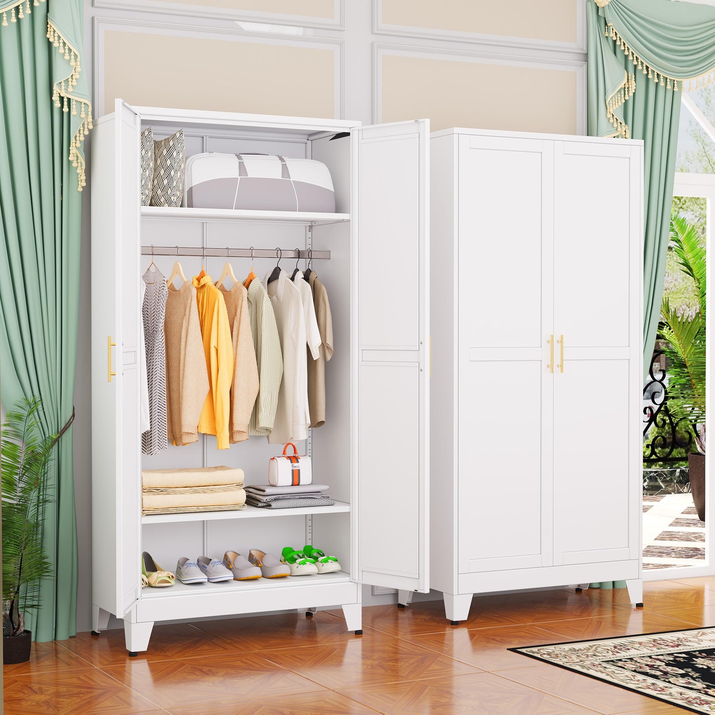 GAIOUS Metal Wardrobe Cabinet with Hanging Rod, 71" Metal Clothing Storage Cabinets with 2 Doors and Adjustable Shelves, White Armoire Wardrobe Closet for Bedroom, Laundry Room, Cloak Room