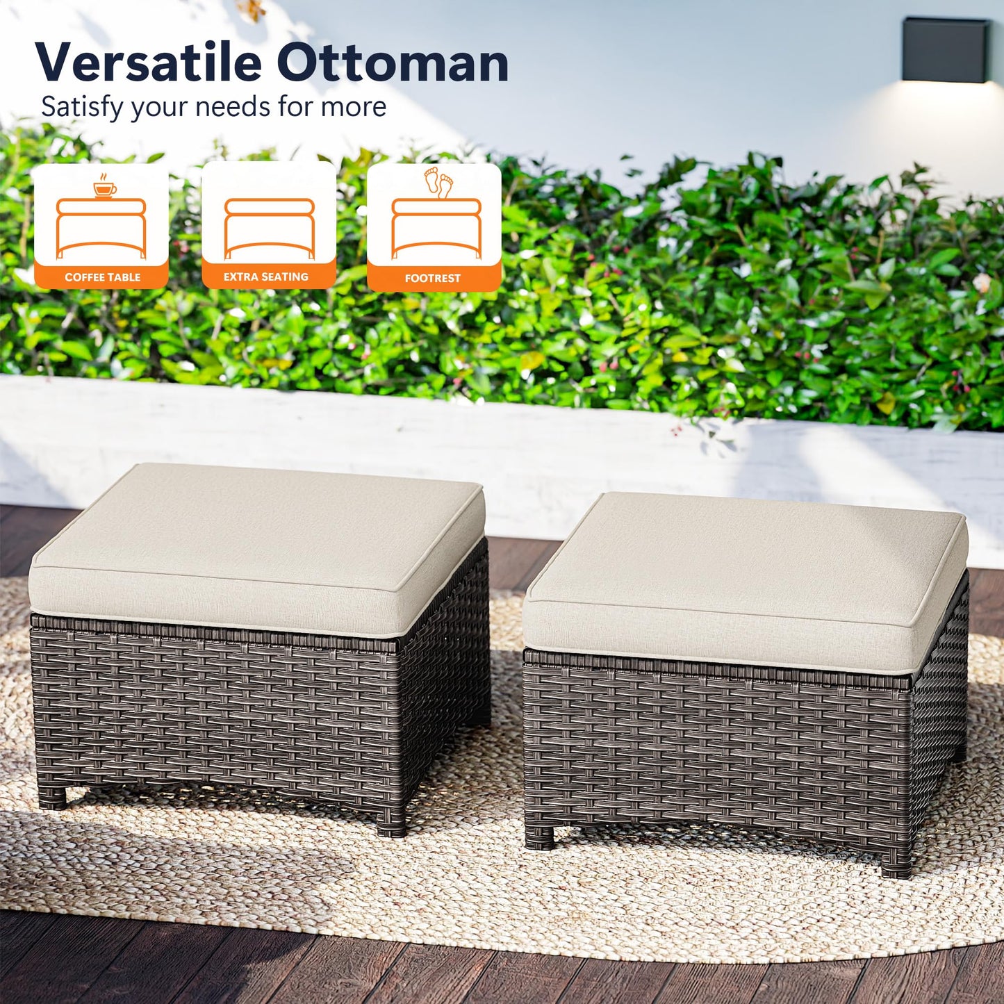 MaxMulti 2 Pieces Patio Ottomans, Outdoor Wicker Footrest Seat with Removable Cushions, Multipurpose Patio Furniture for Outdoor, Backyard and Deck Use (Beige)