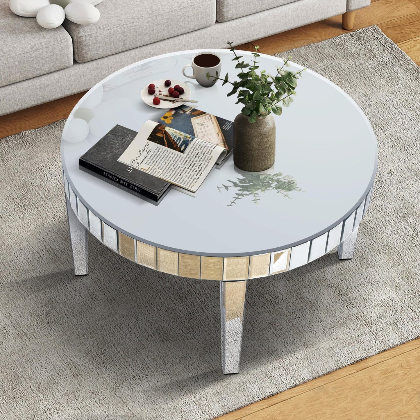 KUVADAZ Silver Mirrored Coffee Table, 31.5" Round Mirror Center Table with Starburst Mirror Mosaic Design, Modern Luxury Mirrored Furniture Glass Top Cocktail Tea Table for Living Room