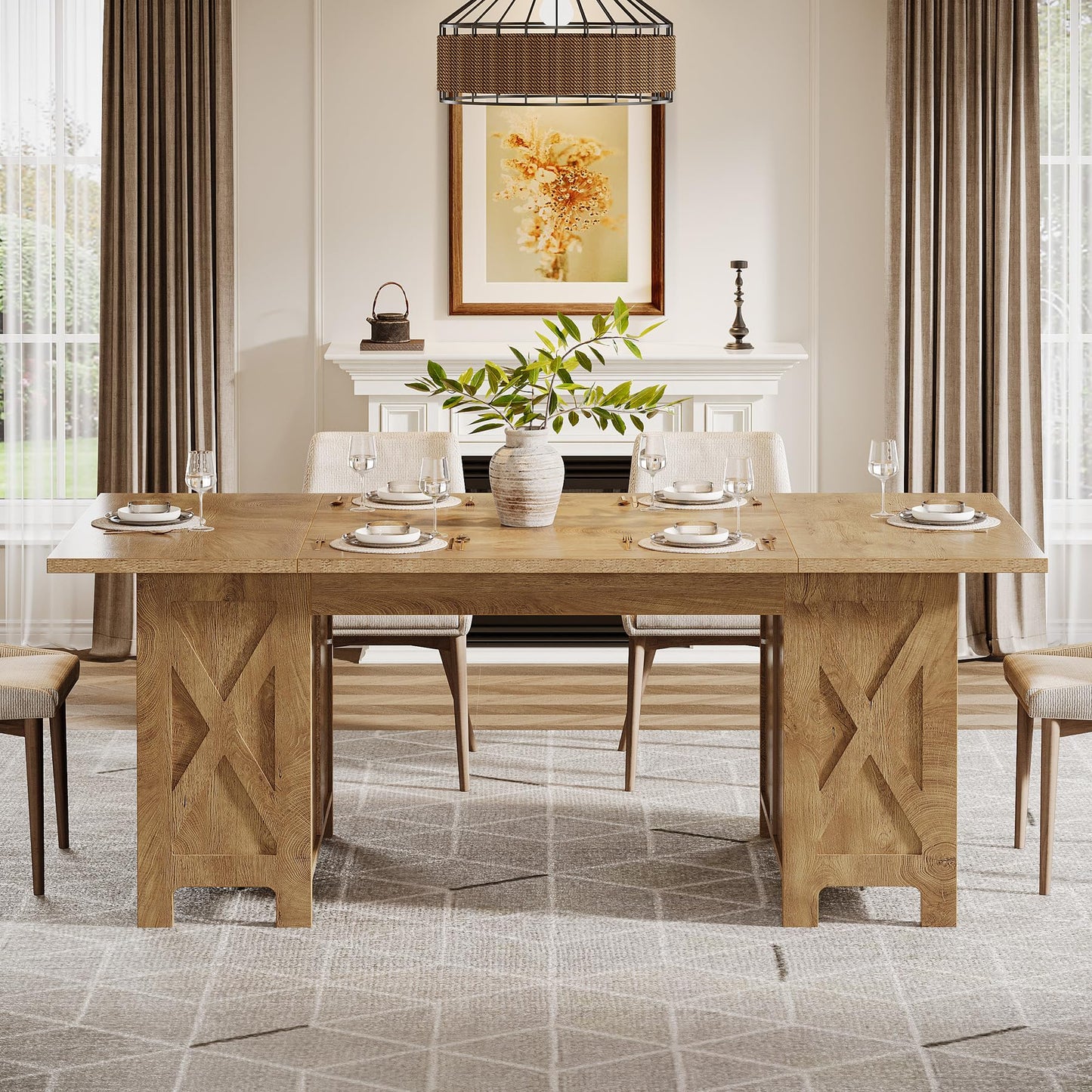 Tribesigns 63" Farmhouse Dining Table with Storage, Rectangular Wooden Kitchen Dinner Table for Dining Room, Living Room, Fit for 2-4 People, Rustic Brown