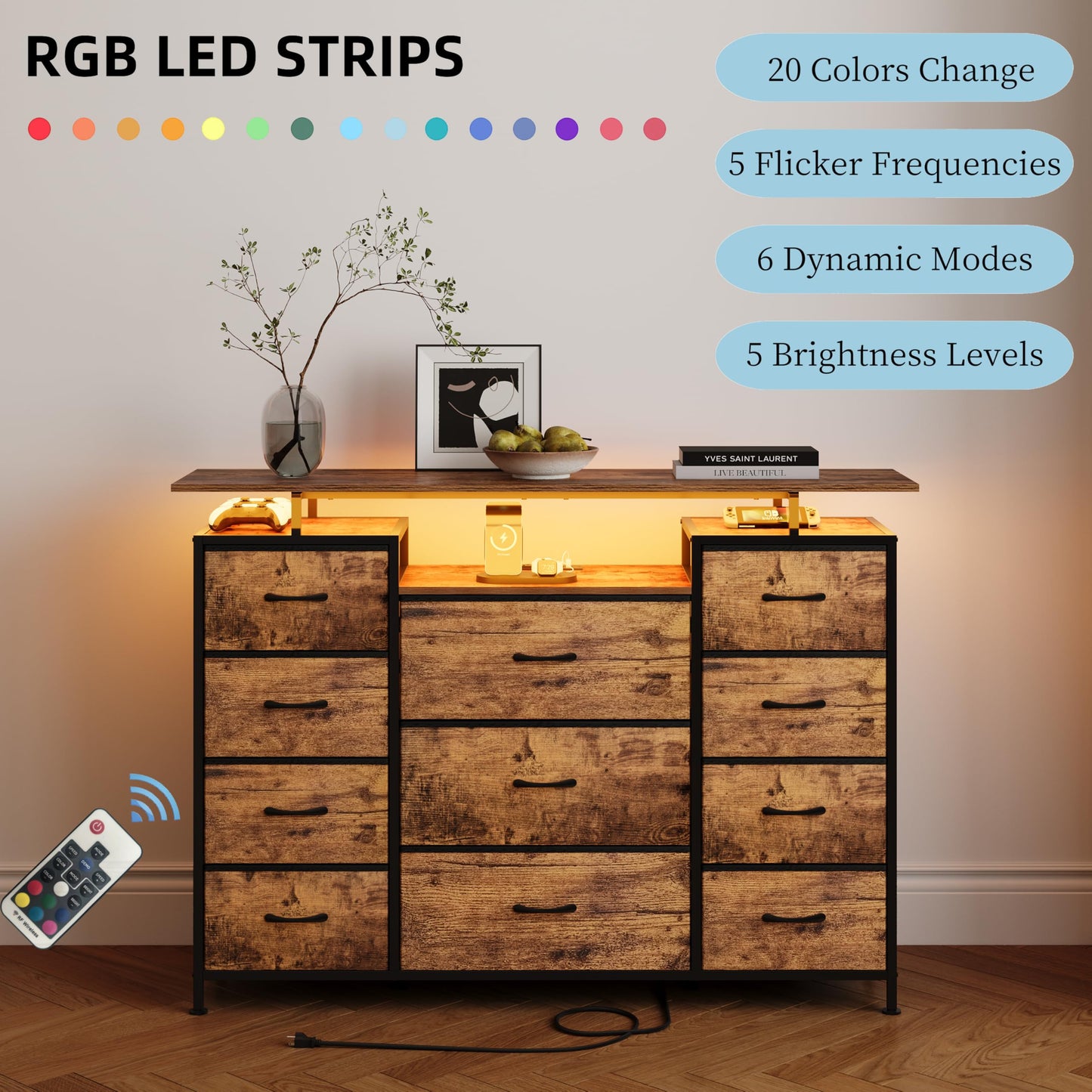 LUMTOK 11 Drawers Dresser with Fabric Drawers,Charging Station, LED Lights and Shelves for Bedroom Storage Organization (Brown)