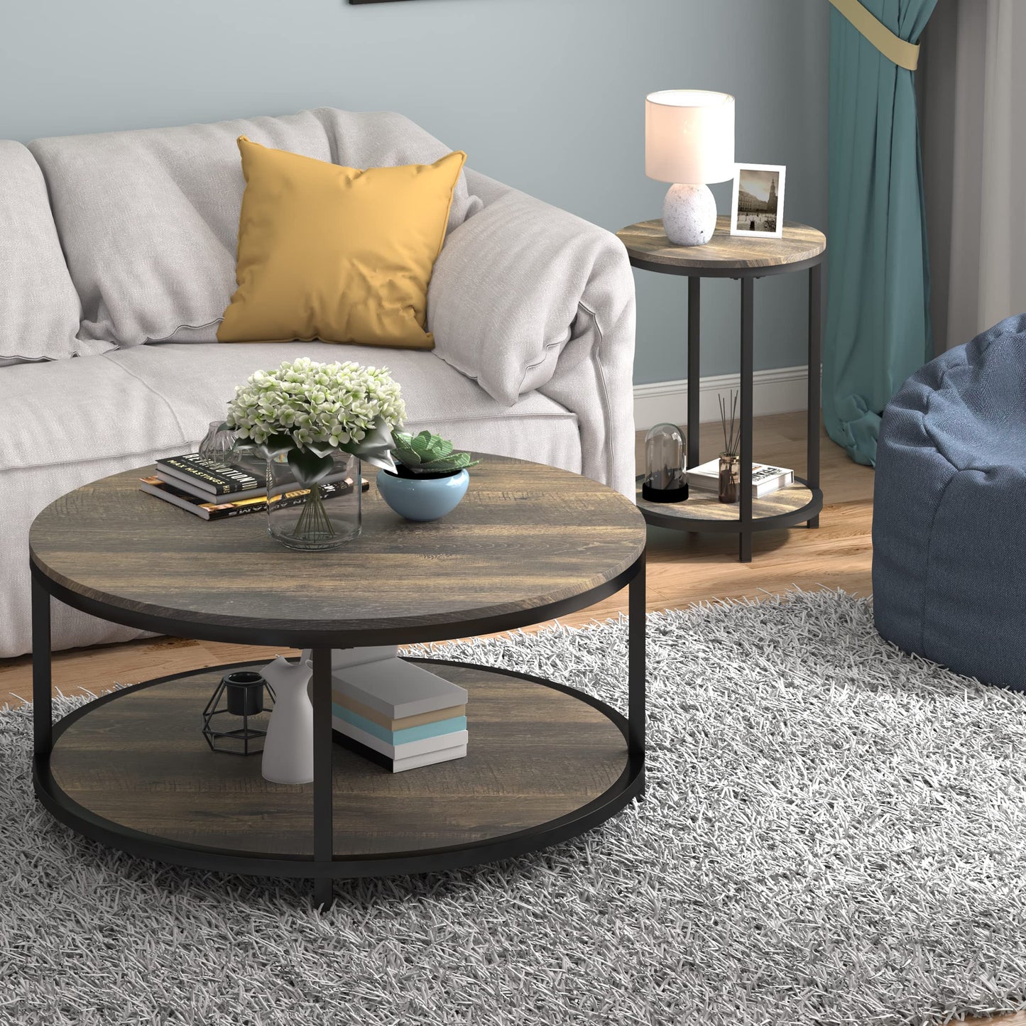 NSdirect Round Side Table Set of 2,16in Rustic Wooden End Table Surface Top & Sturdy Metal Legs Nightstand for Living Room Bedroom Farmhouse Sofa Table with Storage Open Shelf,Rustic Brown