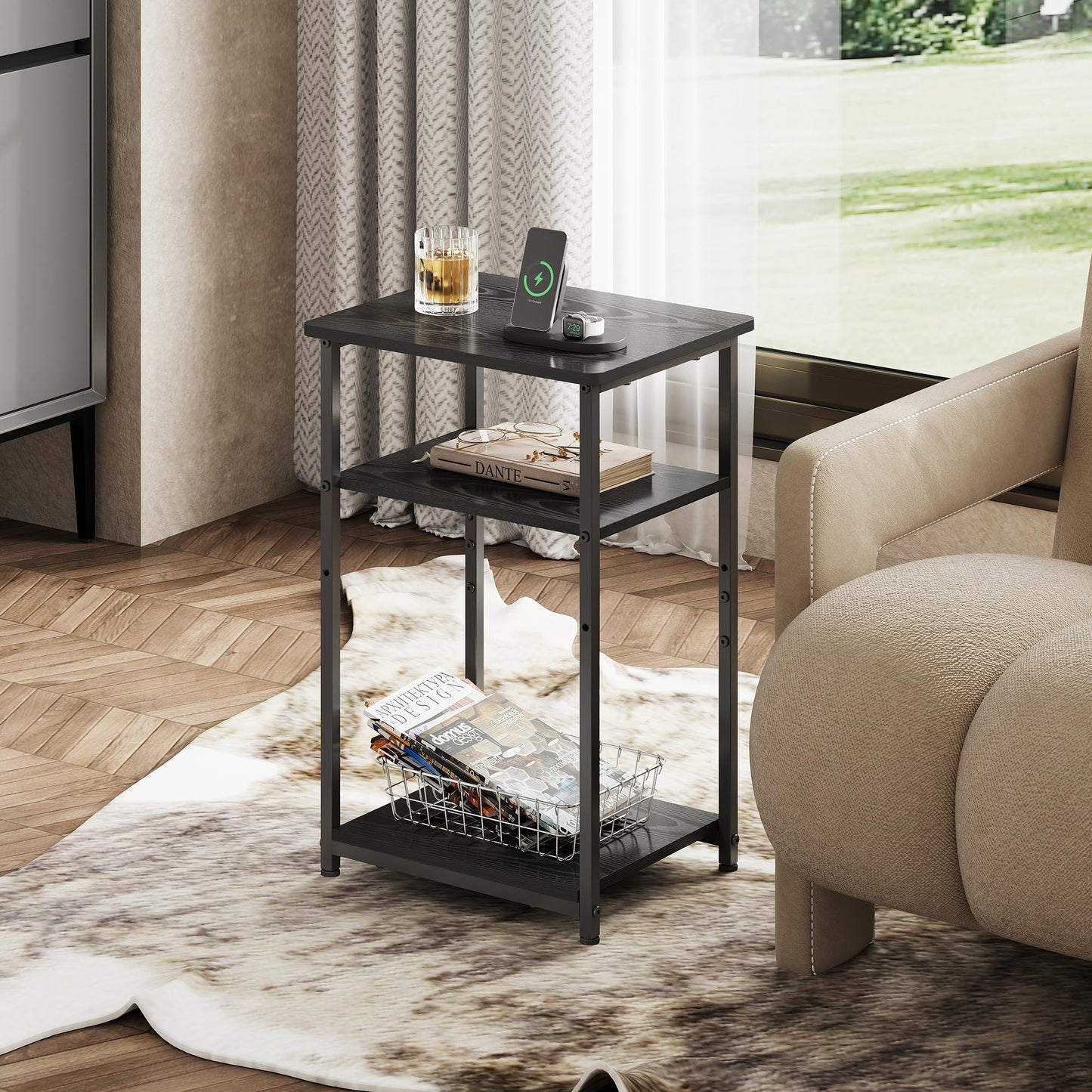 WLIVE End Tables Living Room Set of 2, Black End Table for Two, Narrow Side Table for Bedroom, Home Office, Small Spaces, 3-Tier End Table for Couch, Sofa, Bed