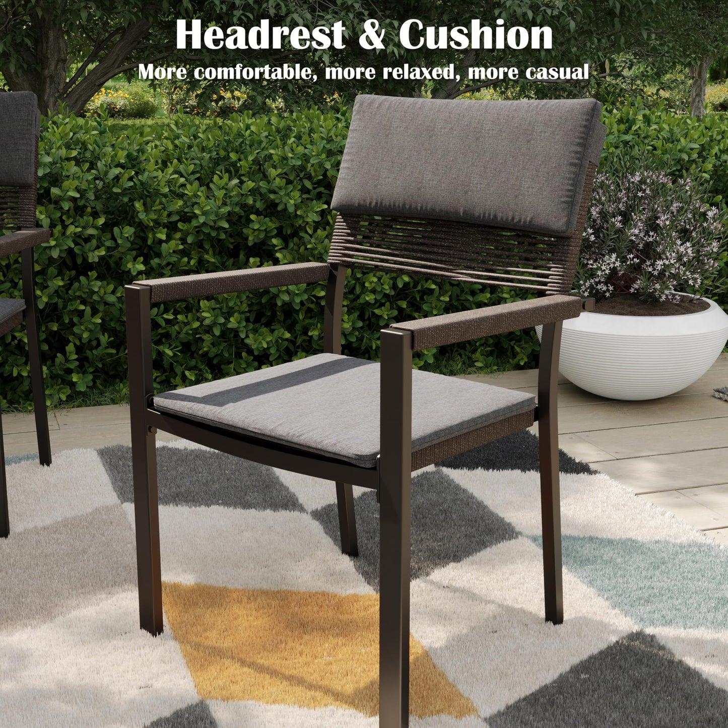 Sundale Outdoor Metal Dining Set for 6, 6-Piece Patio Dining Table and Stackable Rattan Chairs Set with Headrests and Cushions for Backyard, Garden, Deck, Dark Gray