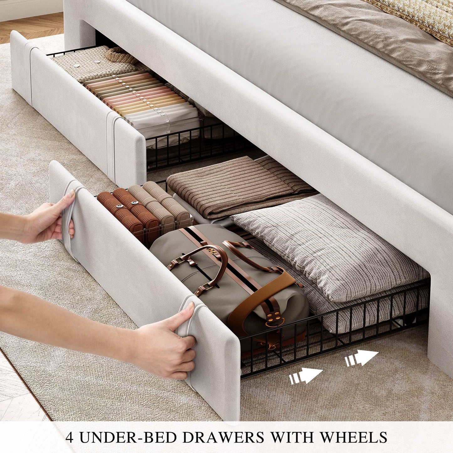 DWVO Queen Size Bed Frame with Adjustable Headboard, 4 Storage Drawers and RGB LED Lights, Velvet Upholstered Platform Bed with USB Ports, No Box Spring Needed, Fast Assembly, Noise-Free, White