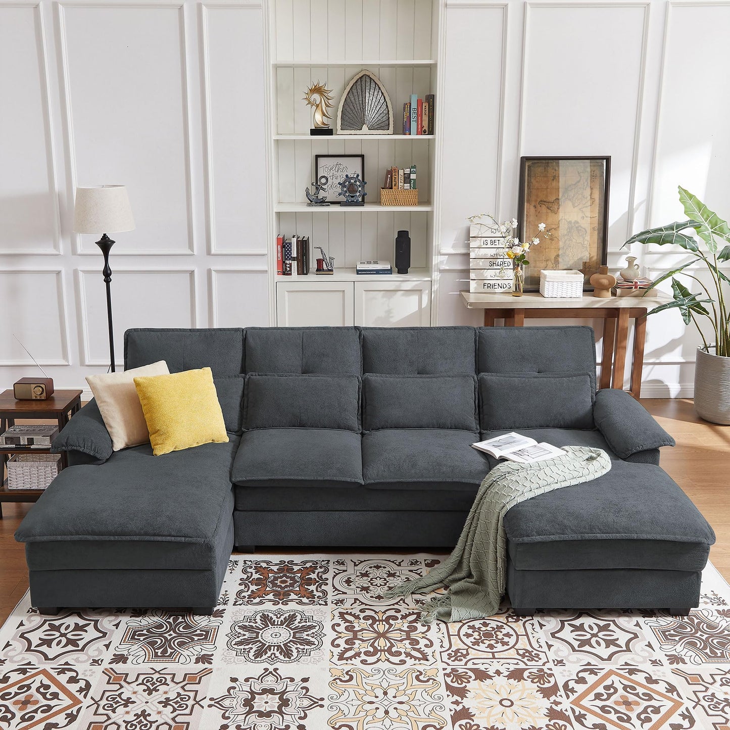 Enobala 110" Comfy Cloud Couch Sectional Sofa with Lumbar Pillows, Modern U-Shaped Cloud Sofa with Double Chaise & Deep Seat for Living Room, or Office, Easy Assembly, Dark Grey