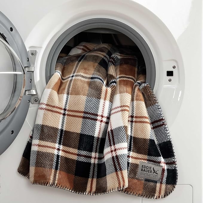 Eddie Bauer - Twin Blanket, Reversible Plush Bedding, Plaid Home Decor, Oeko-Tex Certified (Tralhead Plaid Beige, Twin)