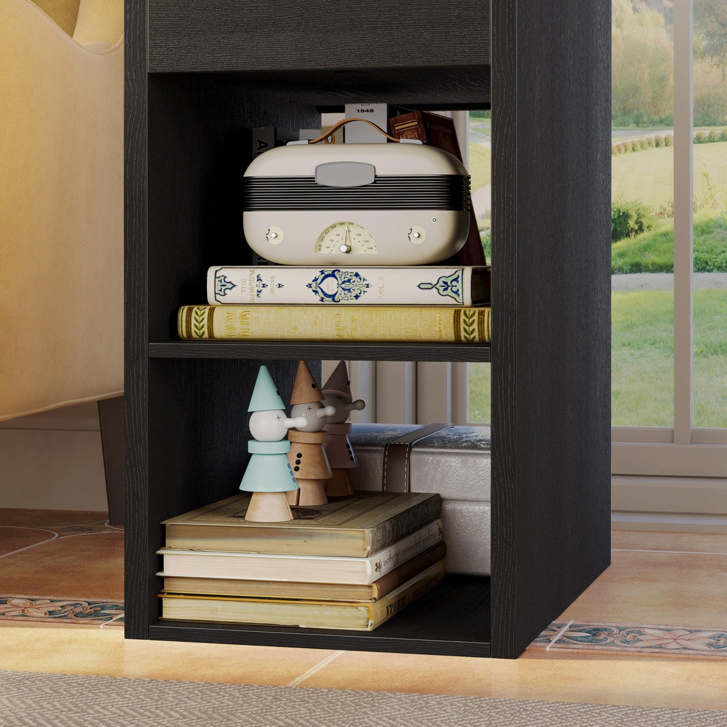 LIKIMIO Narrow Side Table, Small End Tables with Flip Top Storage and Plug for Living Room, Sofa Couch, Small Space, Narrow Nightstand with Charging Station, Vintage Black