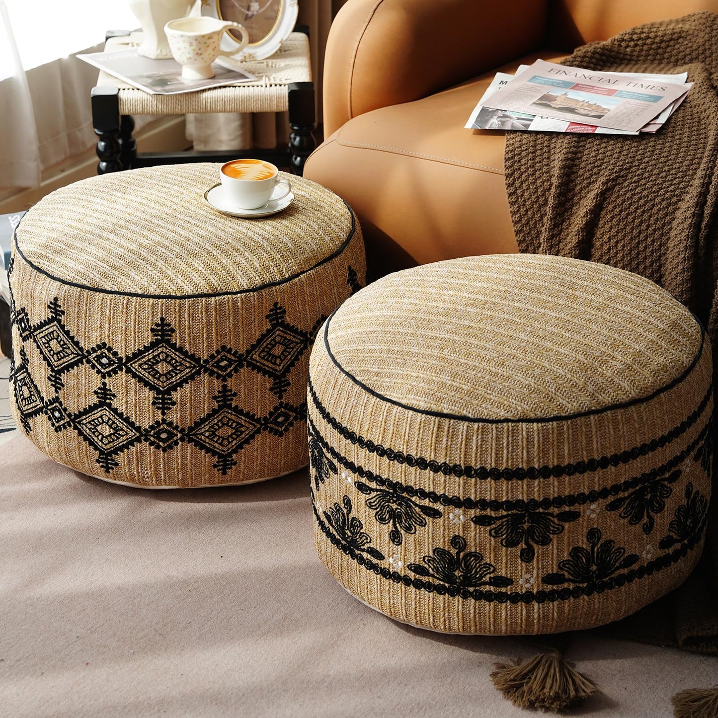 Artbloss Unstuffed Pouf Cover Ottoman Footrest Boho Foot Stool Floor Bean Bag Floor Chair Storage for Living Room Bedroom Home Decor (Boho Triangles, 20 x 12 Inches Round)