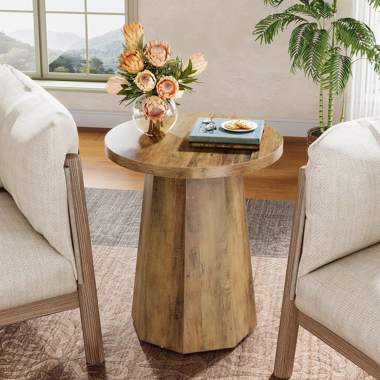 Tribesigns Farmhouse Round End Table, Wooden Couch Side Table with Octagonal Base, Rustic Brown Nightstand Pedestal Accent Furniture for Living Room, Bedroom (1)