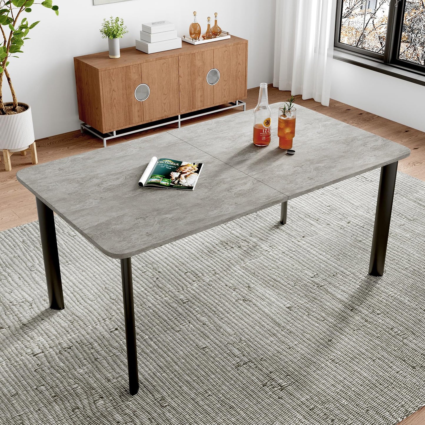 HIPIHOM 63"- 78.7" Extendable Dining Table, Thickened Expandable MDF Wooden Kitchen Table with Metal Legs, Scratch-Resistant, Easy to Clean