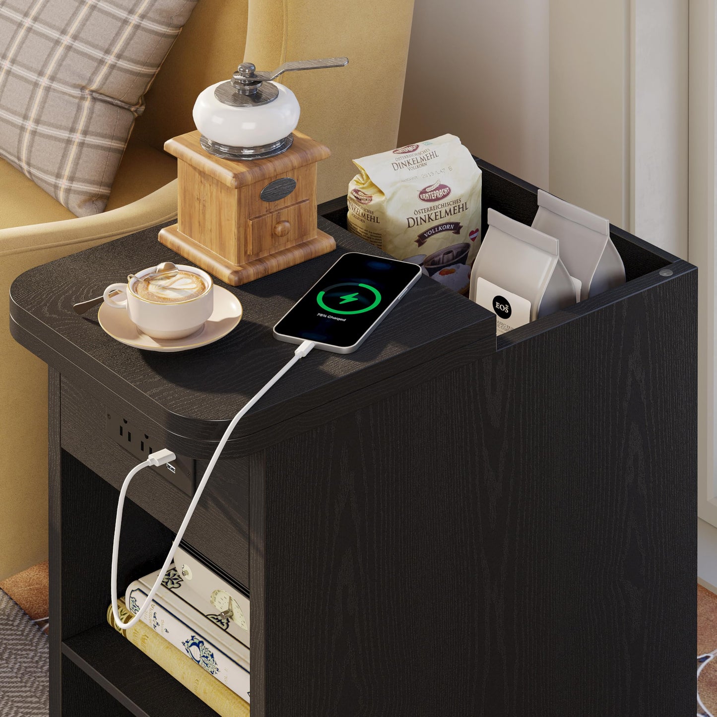 LIKIMIO Narrow Side Table, Small End Tables with Flip Top Storage and Plug for Living Room, Sofa Couch, Small Space, Narrow Nightstand with Charging Station, Vintage Black