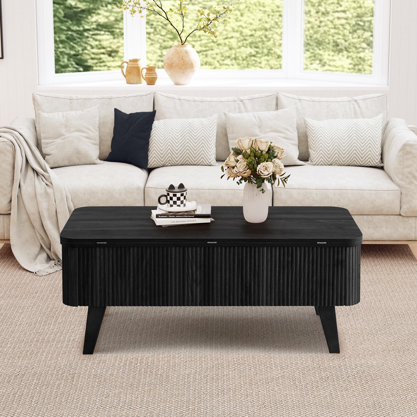 3 in 1 Lift Top Coffee Table, Fluted Convertible Coffee Tables Converts to Dining Tables, Modern Oval Wooden Center Table with Storage for Living Room Office Small Space, Partial Assembly (Black)