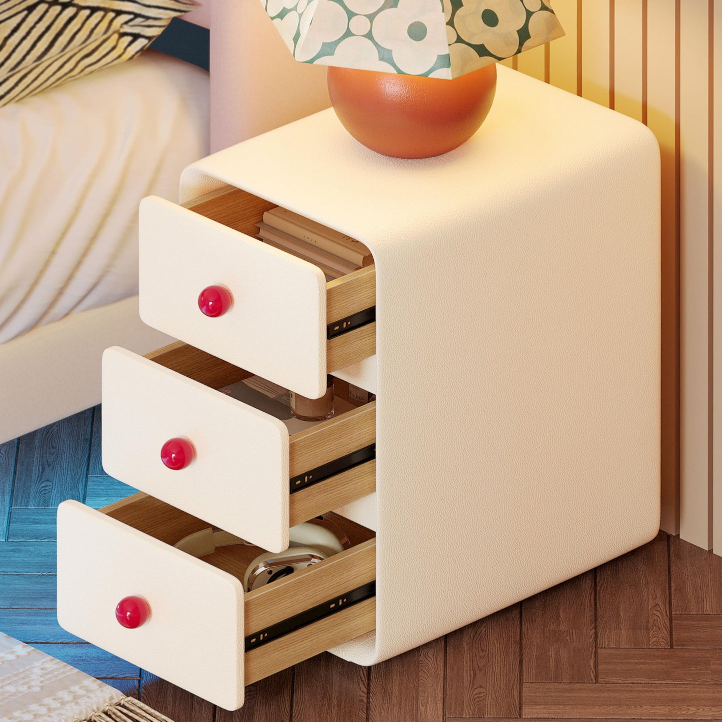 LIKIMIO Modern Leather Nightstand, Narrow Beside Table with 3 Drawers and Silent Slides, Cream Style Small Side Table for Bedroom
