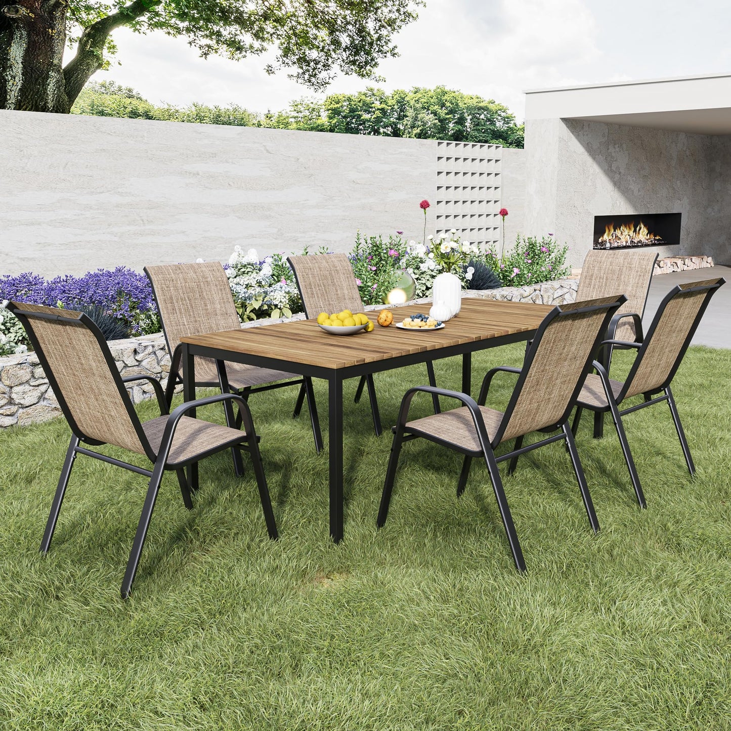 Patio Dining Chairs Set of 4 Outdoor Stackable Dining Chairs for All Weather 330lbs Capacity Heavy Duty Textilene Fabric Rustproof Metal Frame Patio Furniture for Backyard Garden Poolside (Brown)