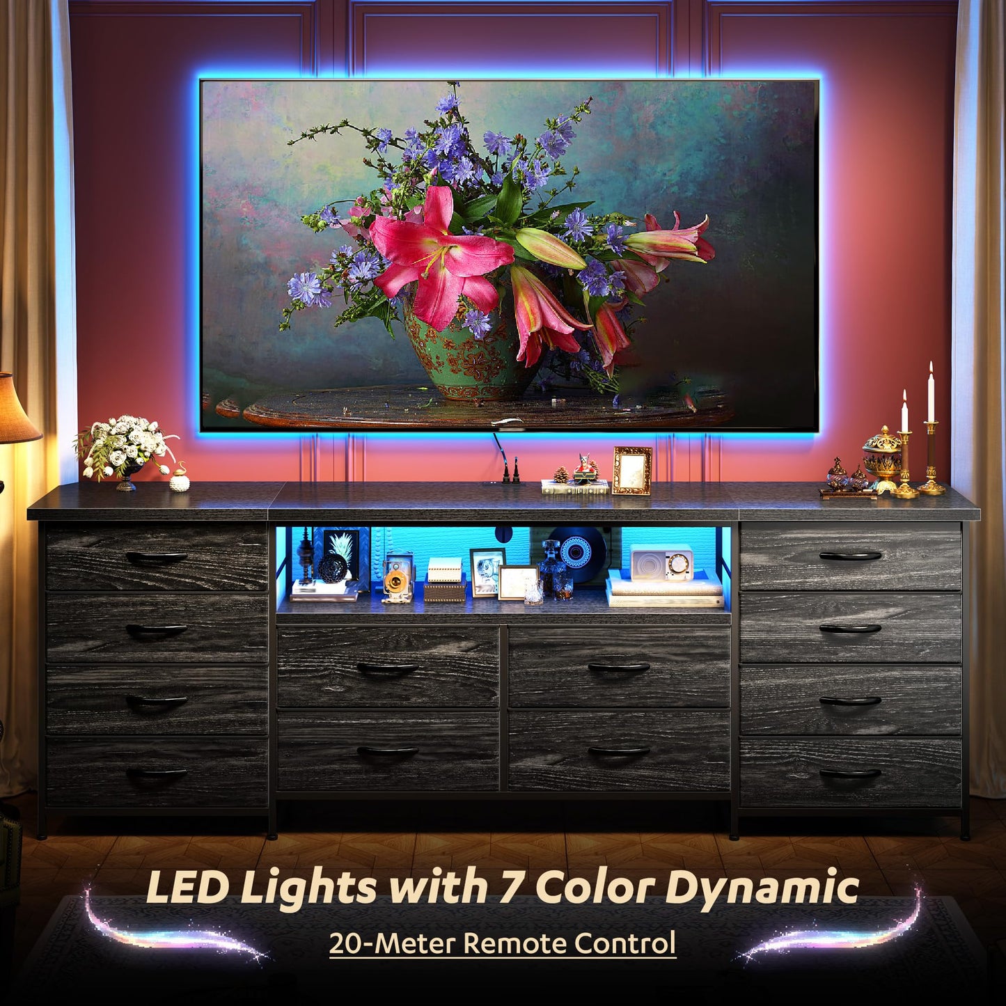Romorgniz 63" Long Dresser for Bedroom with 12 Fabric Drawers Entertainment Center with LED Lights & Power Outlets TV Stand for 70 Inch TV, Storage Organizer for Bedroom, Black