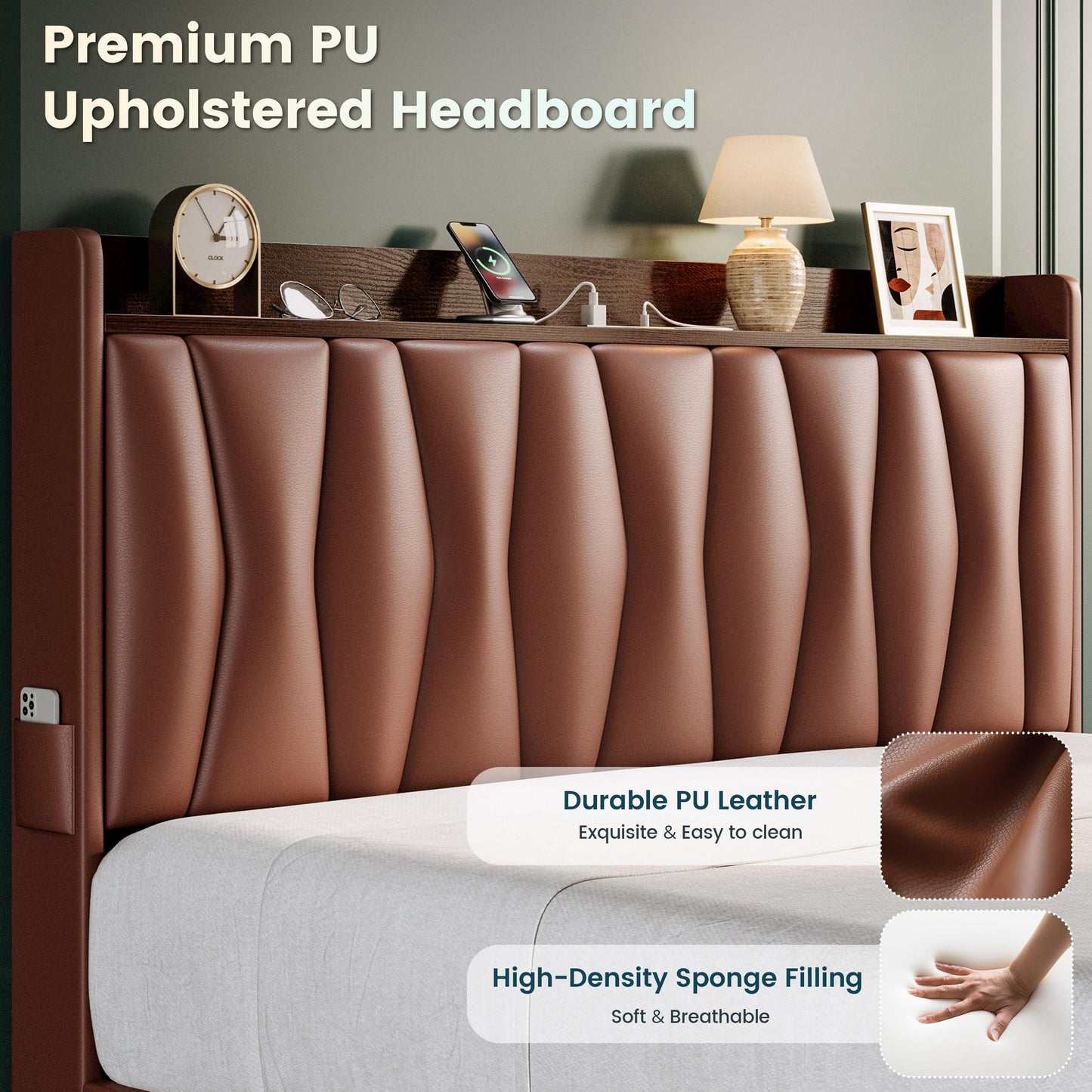 ANCTOR Queen Bed Frame with 3 Drawers, Storage Headbord with Charging Station, Platform Storage Bed Frame for Bedroom, Living Room, No Box Spring, Faux Leather, Brown