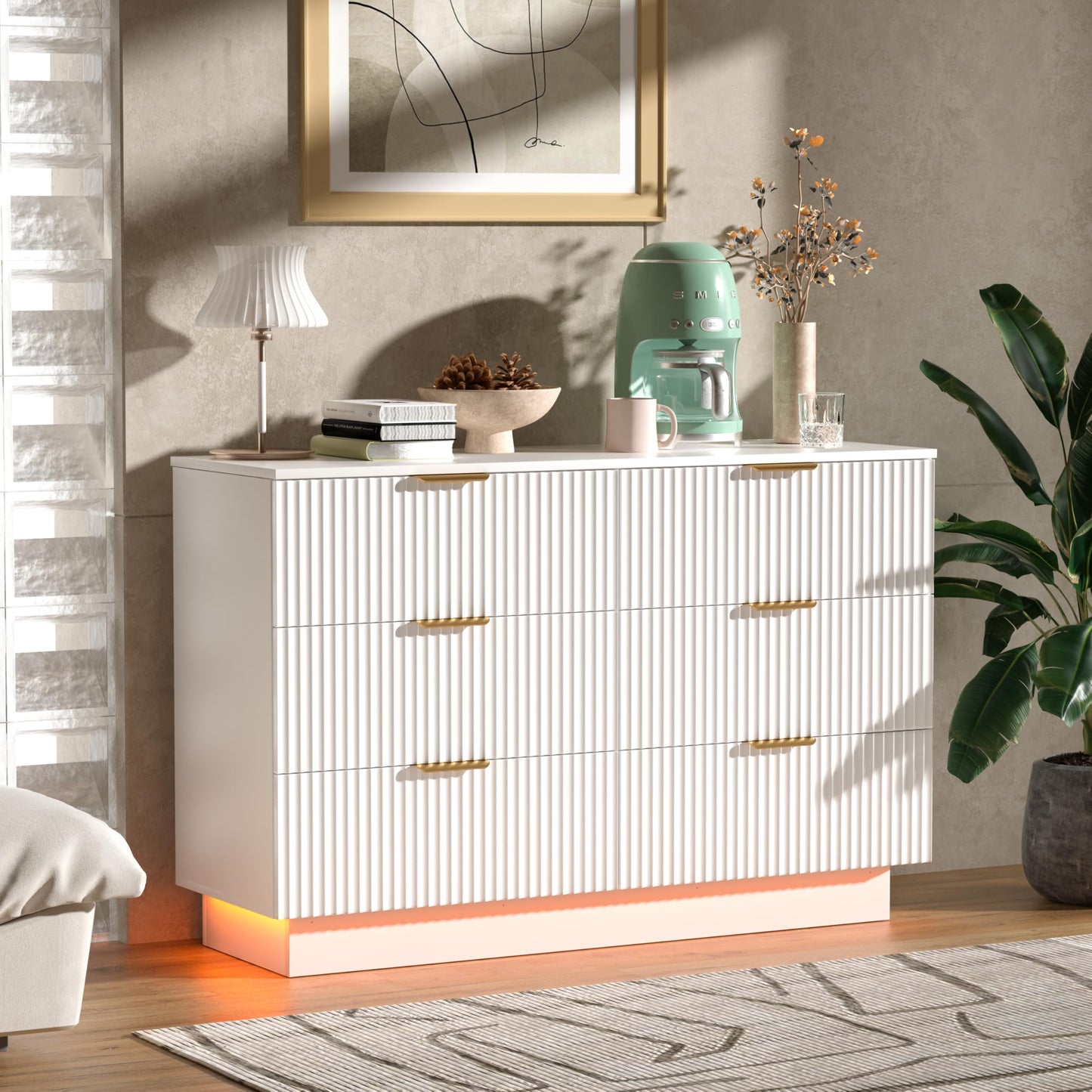 Fluted Dresser for Bedroom with 6 Drawers, 47" Wide Chest of Drawers with LED Light and Charging Station, Wood Drawer Organizer for Bedroom, Living Room, Hallway, Entryway