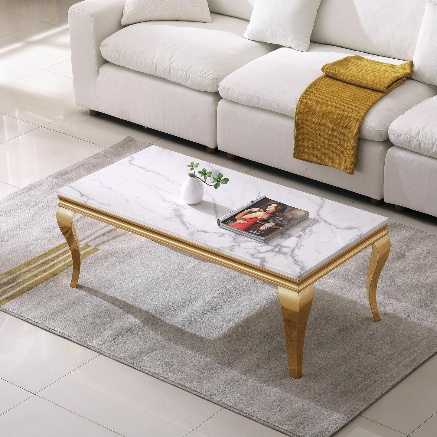 SSLine Modern 3 Piece Living Room Table Set, Includes 1 Coffee Table & 2 End Tables, Luxury Faux Marble Coffee End Table Set with S-Shape Stainless Steel Legs (White Marble& Gold3)