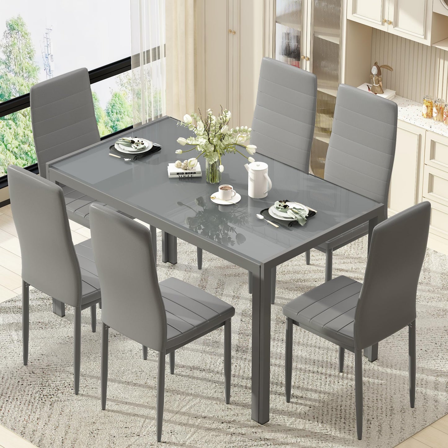 Recaceik Glass Dining Table Sets for 6, 7 Piece Kitchen Table and Chairs Set for 6 Person, Tempered Glass Table and PU Leather Chairs Modern Dining Room Sets for Small Space