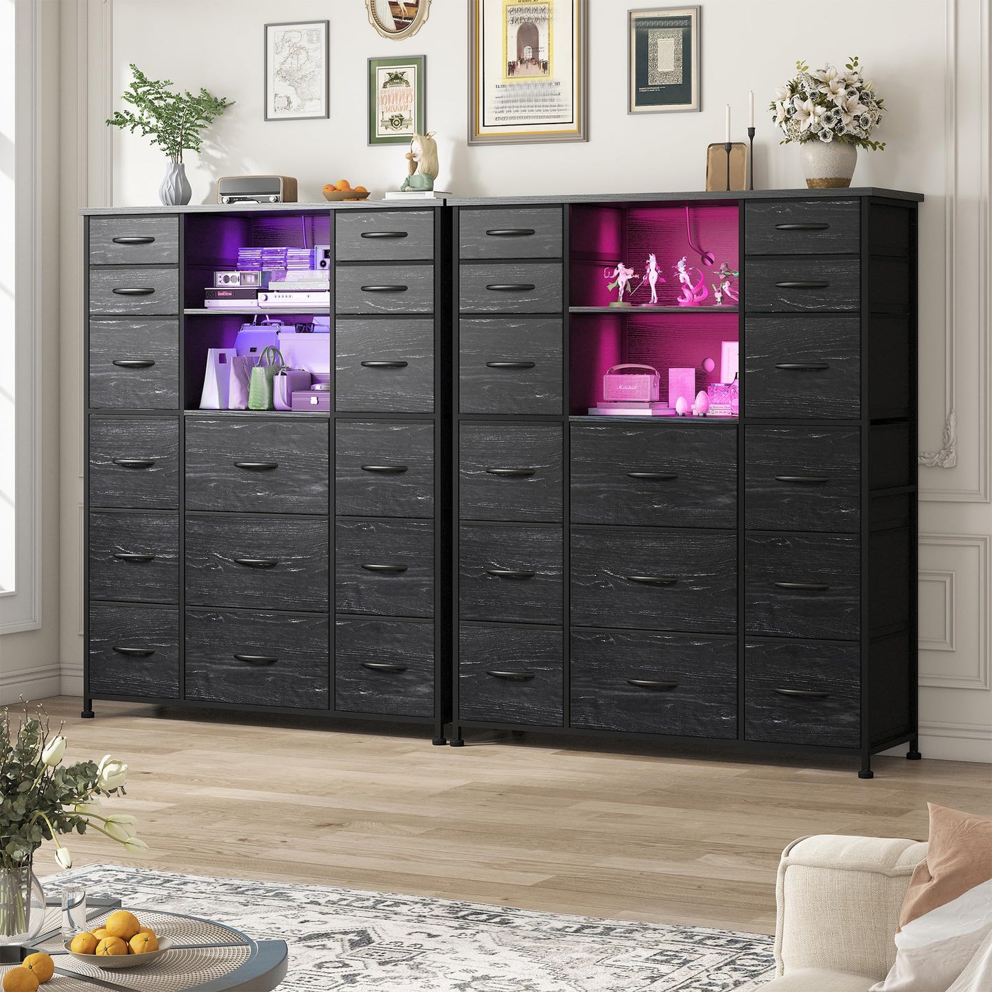 EnHomee 51" H Tall Dresser with 15 Drawers Dresser for Bedroom with Charging Station & LED Lights & Hutch Sturdy Black Bedroom Dressers, Steel Frame, Wood Top, 51.2" H x 39.3" W x 11.8" D