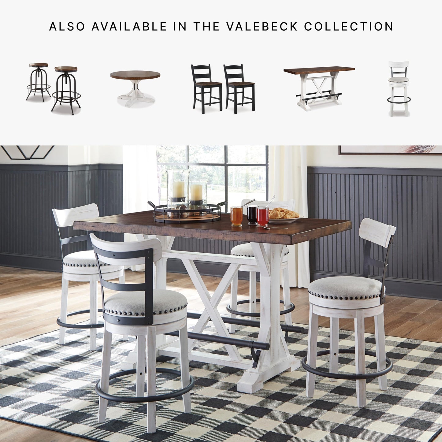 Signature Design by Ashley Valebeck Rustic Farmhouse 36" Counter Height Dining Table, Brown & White