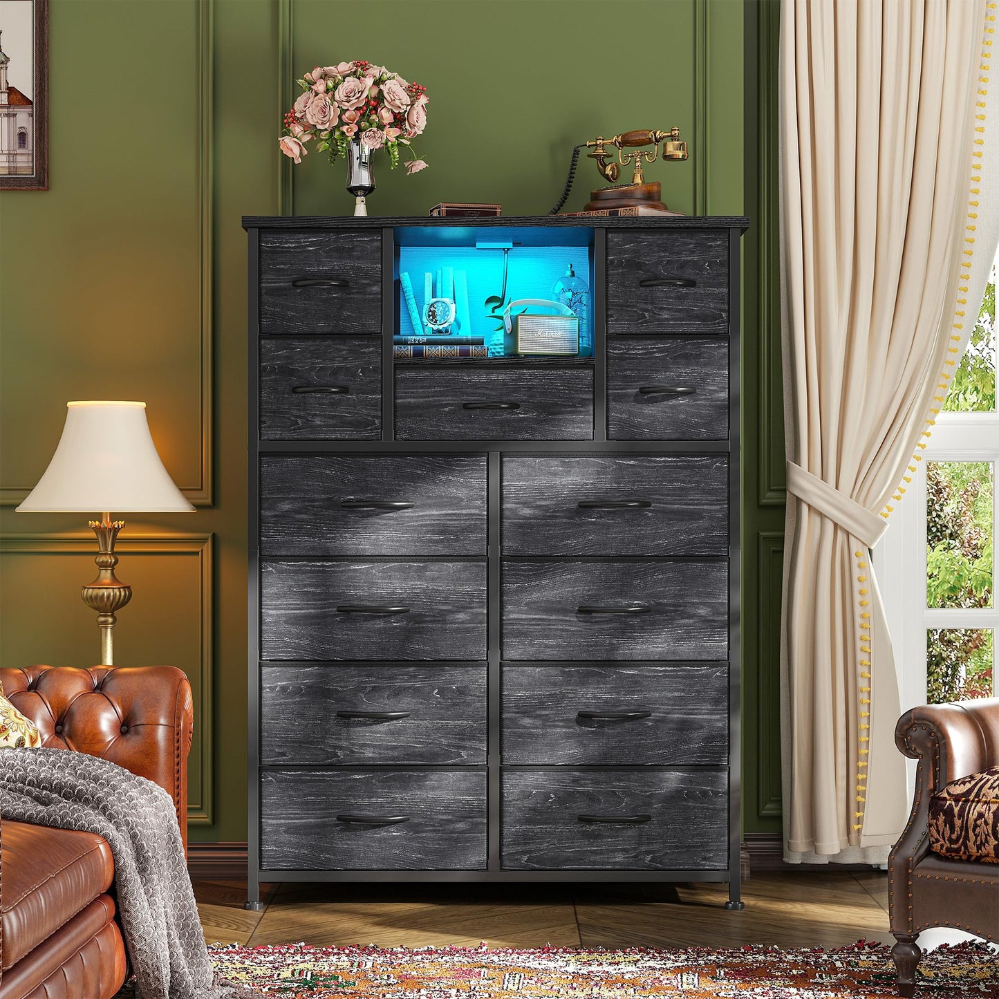 Romorgniz 13 Drawer Dresser for Bedrom,Tall Black Chest of Drawers for Bedroom with Led Light and 4 Charging Ports,Hallway, Closet, Entryway,11.8" D x 35.4" W x 47.3" H