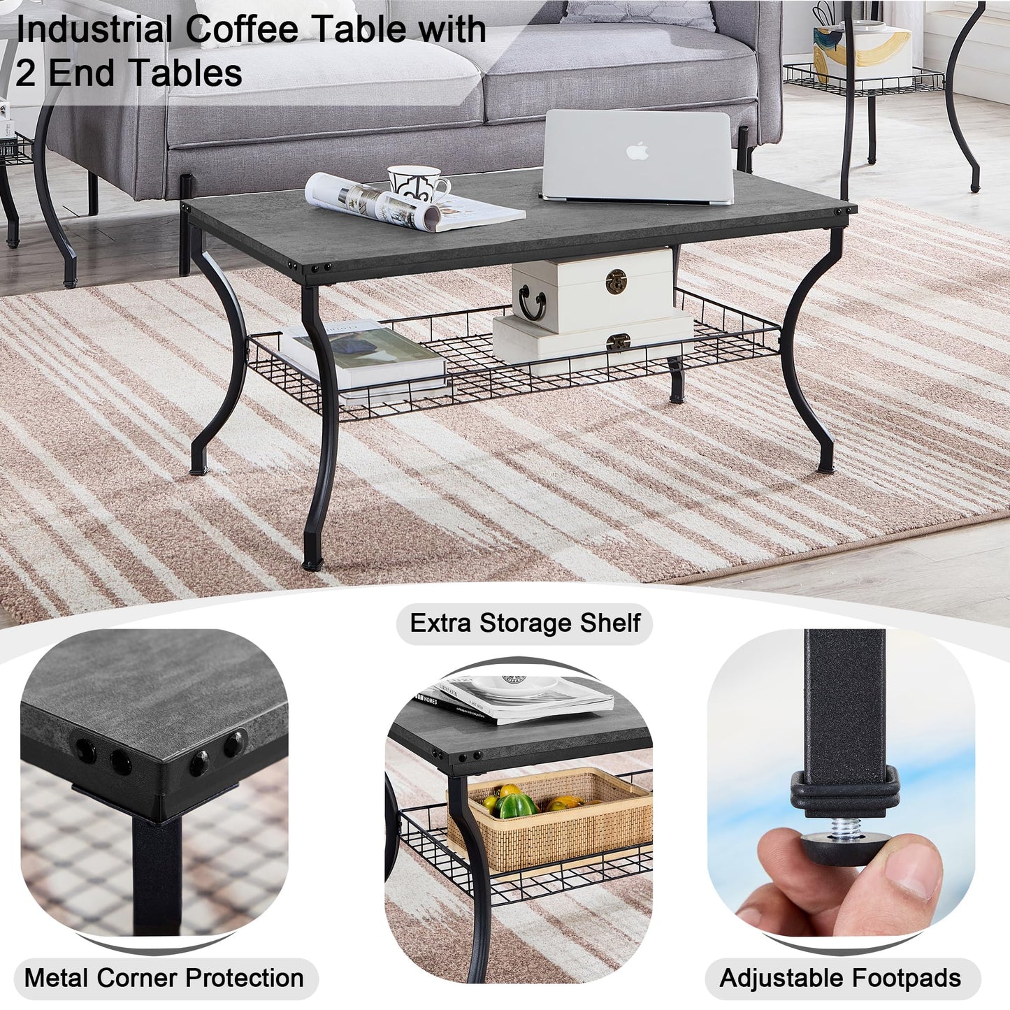 VECELO 3 Pieces Living Room Table Sets, Coffee and End Tables with Open Storage Shelves for Apartment, Home Office, Small Space, Easy Assembly, Dark Grey