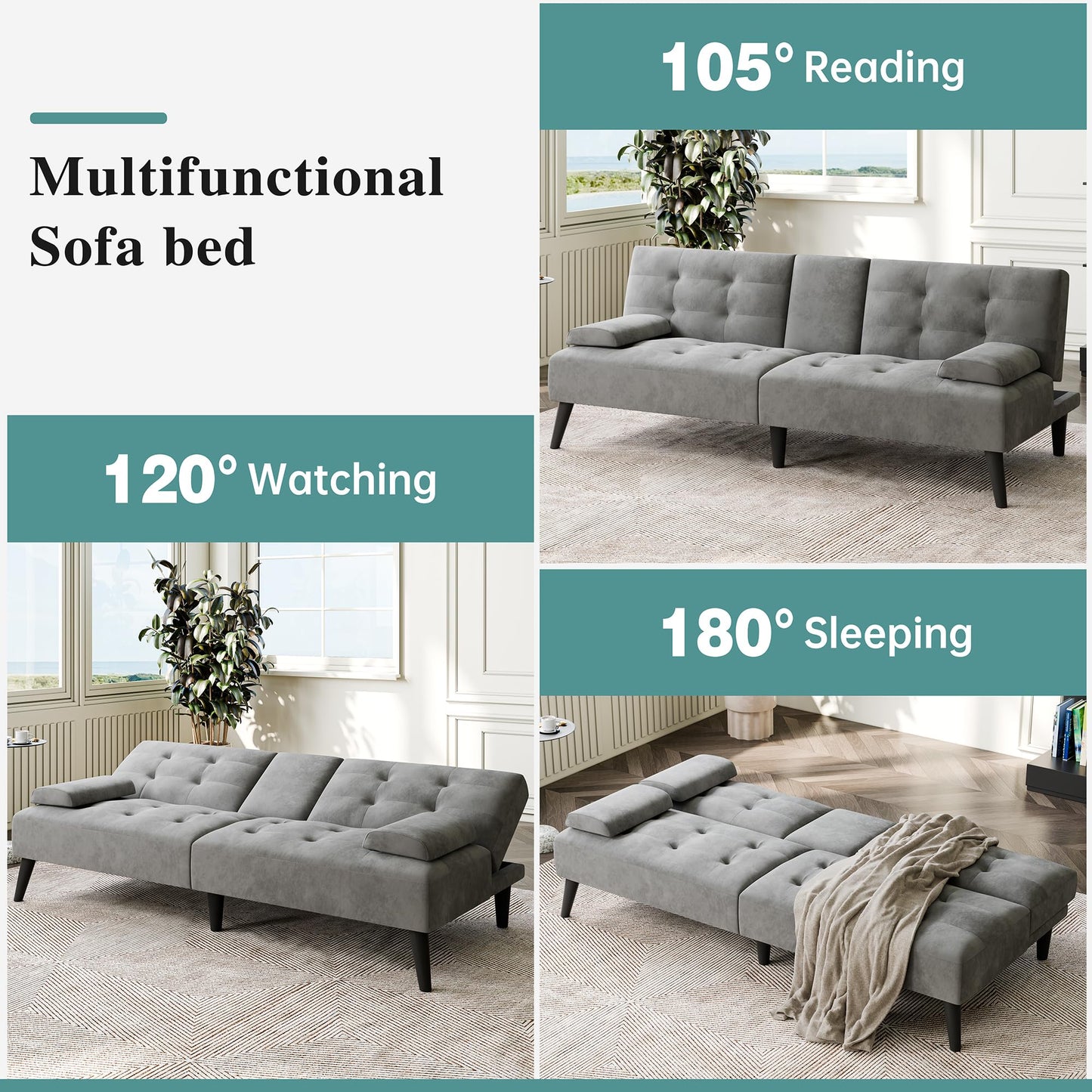 Meilocar Futon Sofa Bed Couch, Modern Convertible Sofa Couch, 64 in Adjustable Recliner Sofa Bed for Living Room, 2 Armrest Pillows, 2 Cup Holders, Dark Grey